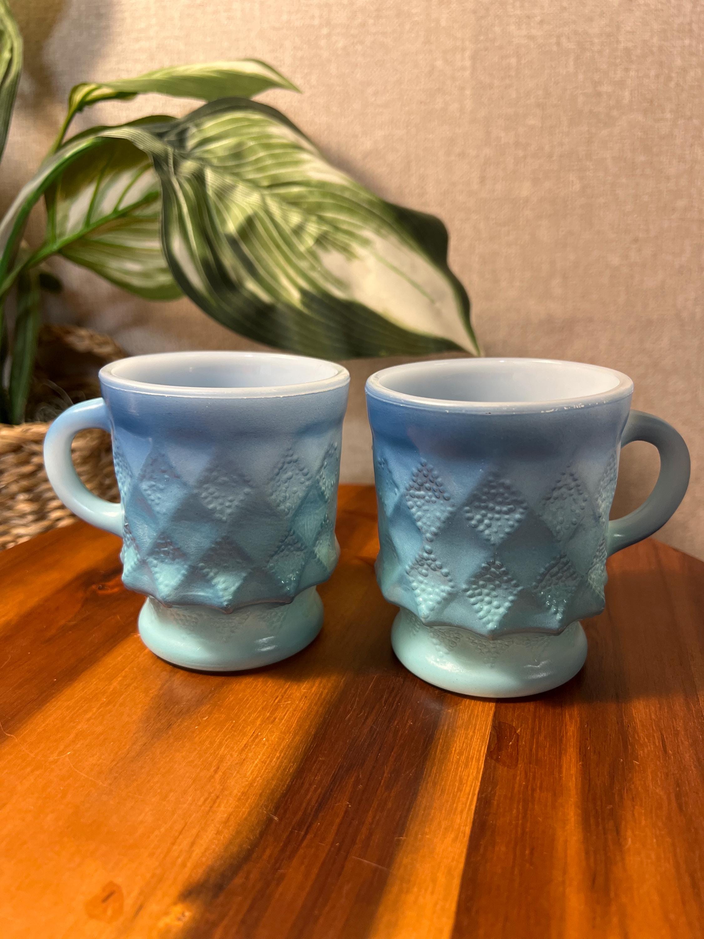 Anchor Hocking Fire King Blue Ombre Mug Cup Diamond Kimberly USA  Made Set of 2
