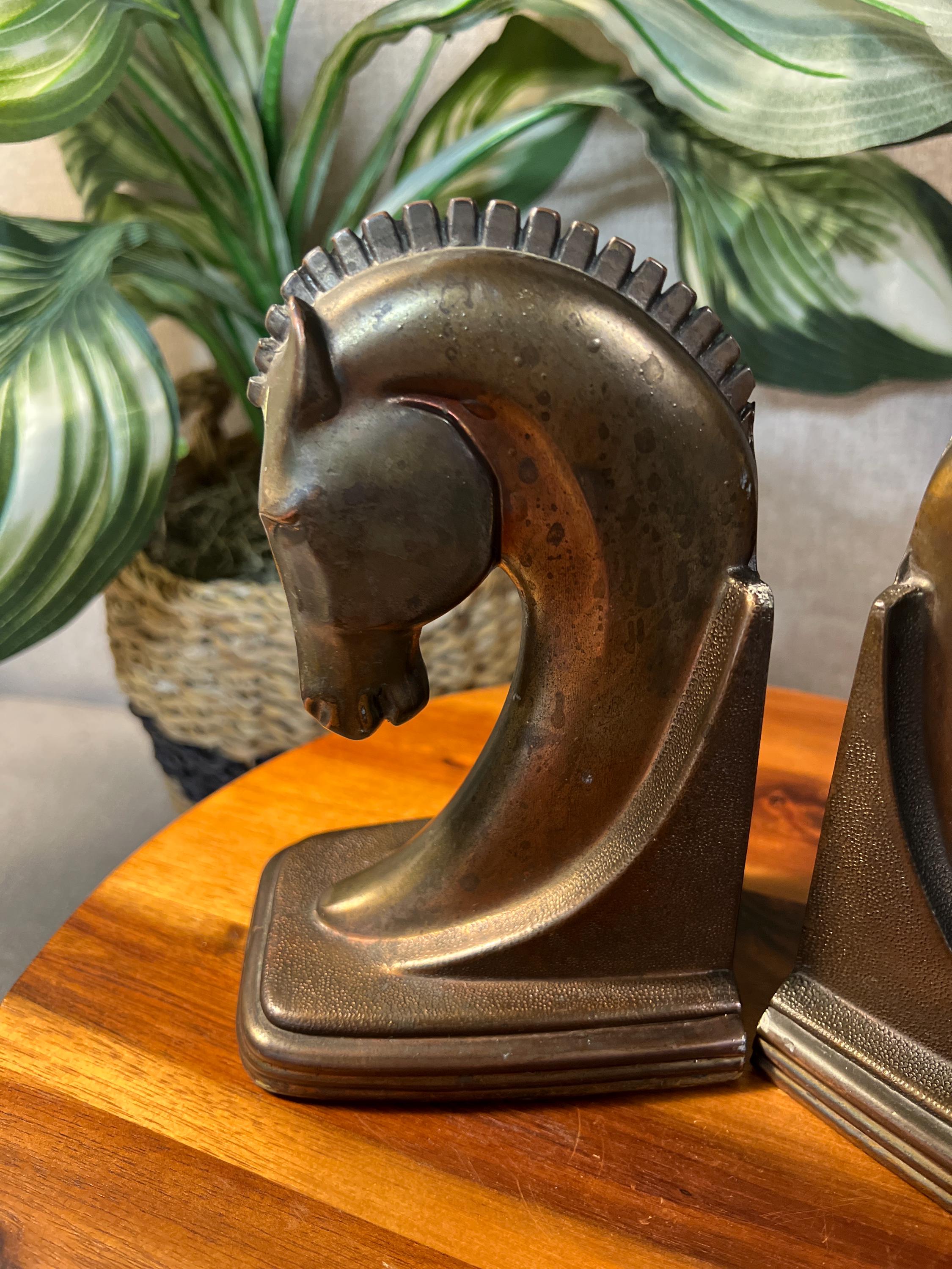 Vintage Copper Plated Art Deco Machine Age Trojan Horse Bookends Dodge Inc USA