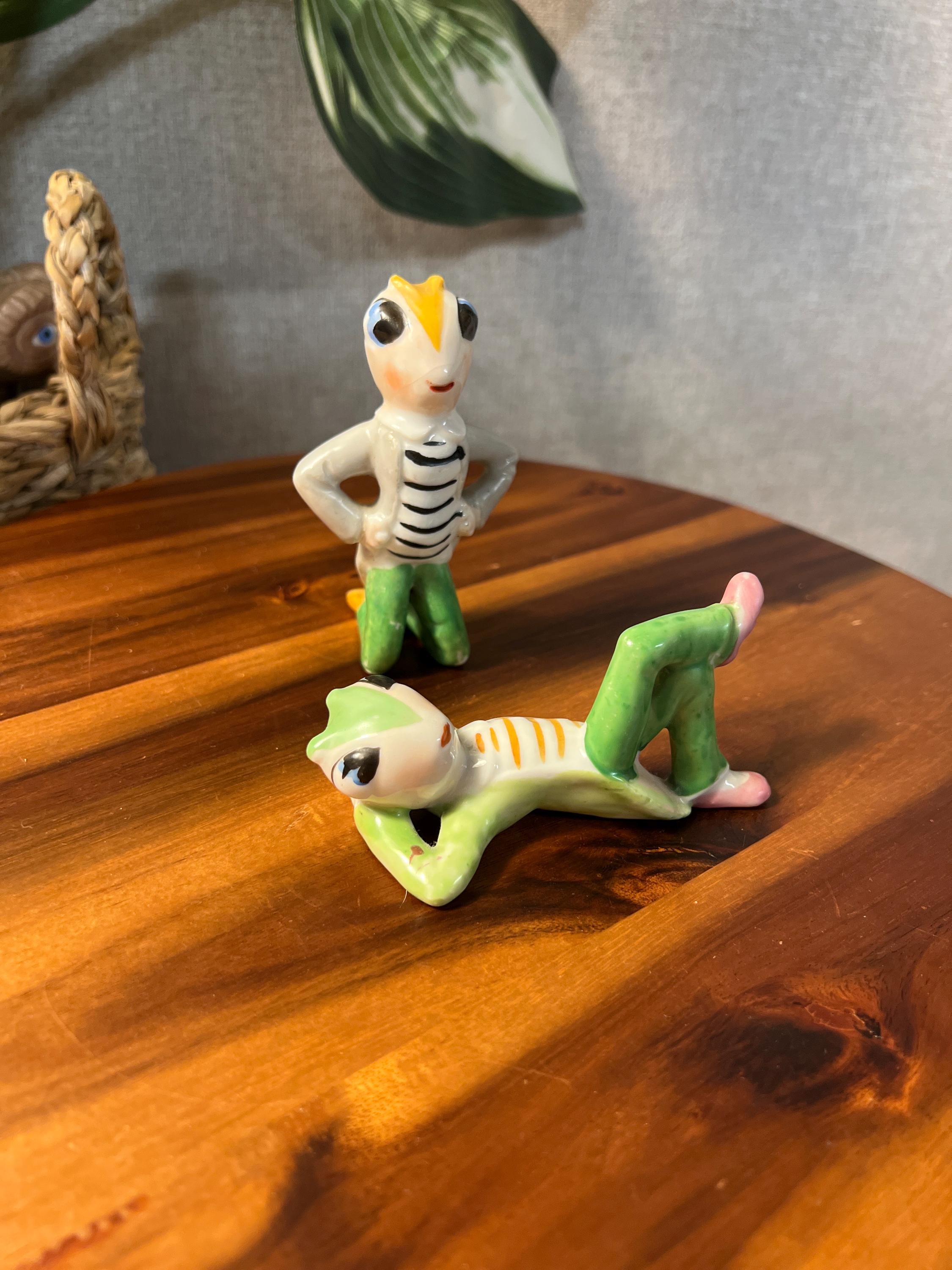 Vintage Japan Set of 2 Anthropomorphic Cricket  Bugs Insect Figurine Green & Gold