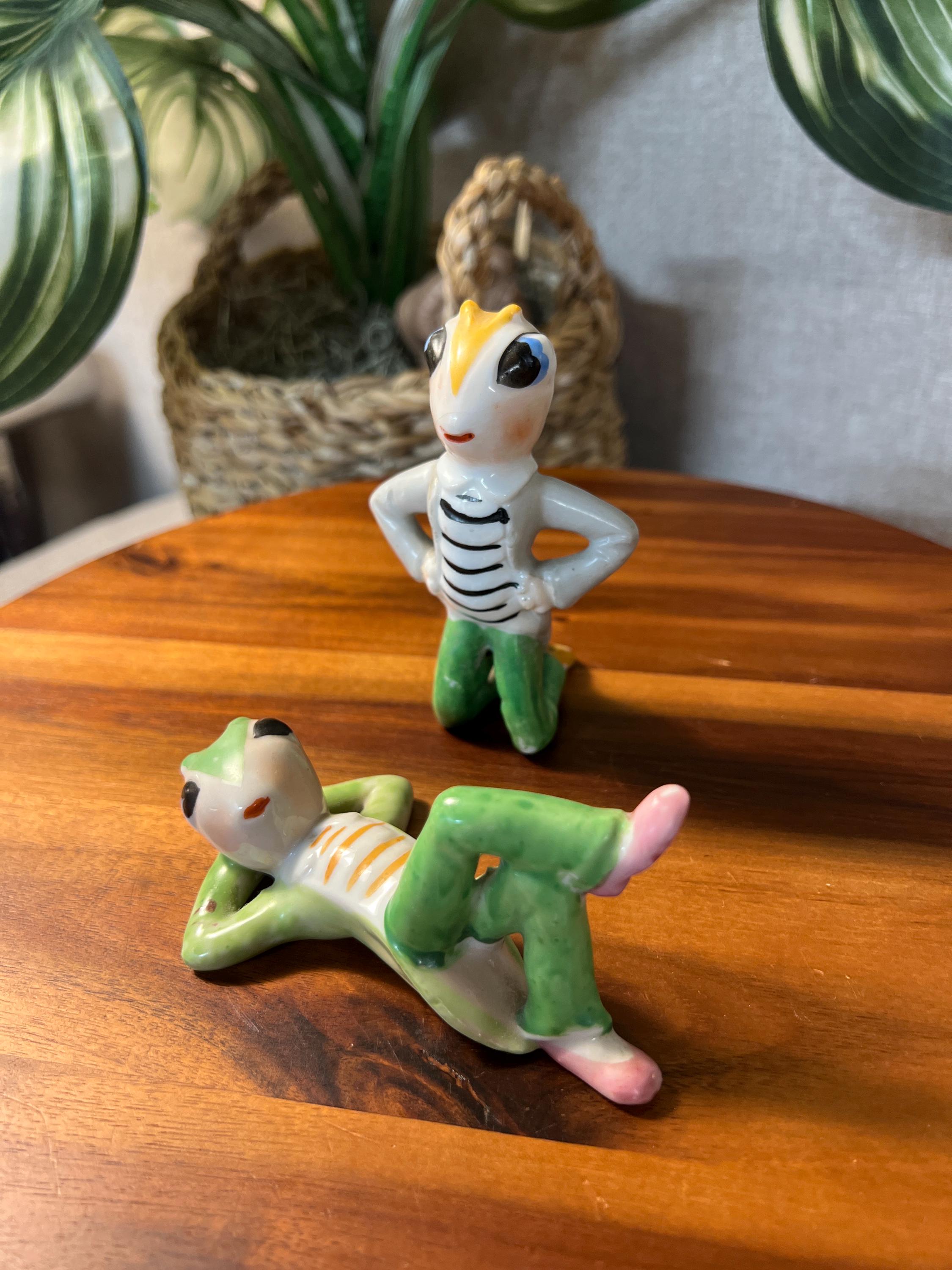 Vintage Japan Set of 2 Anthropomorphic Cricket  Bugs Insect Figurine Green & Gold