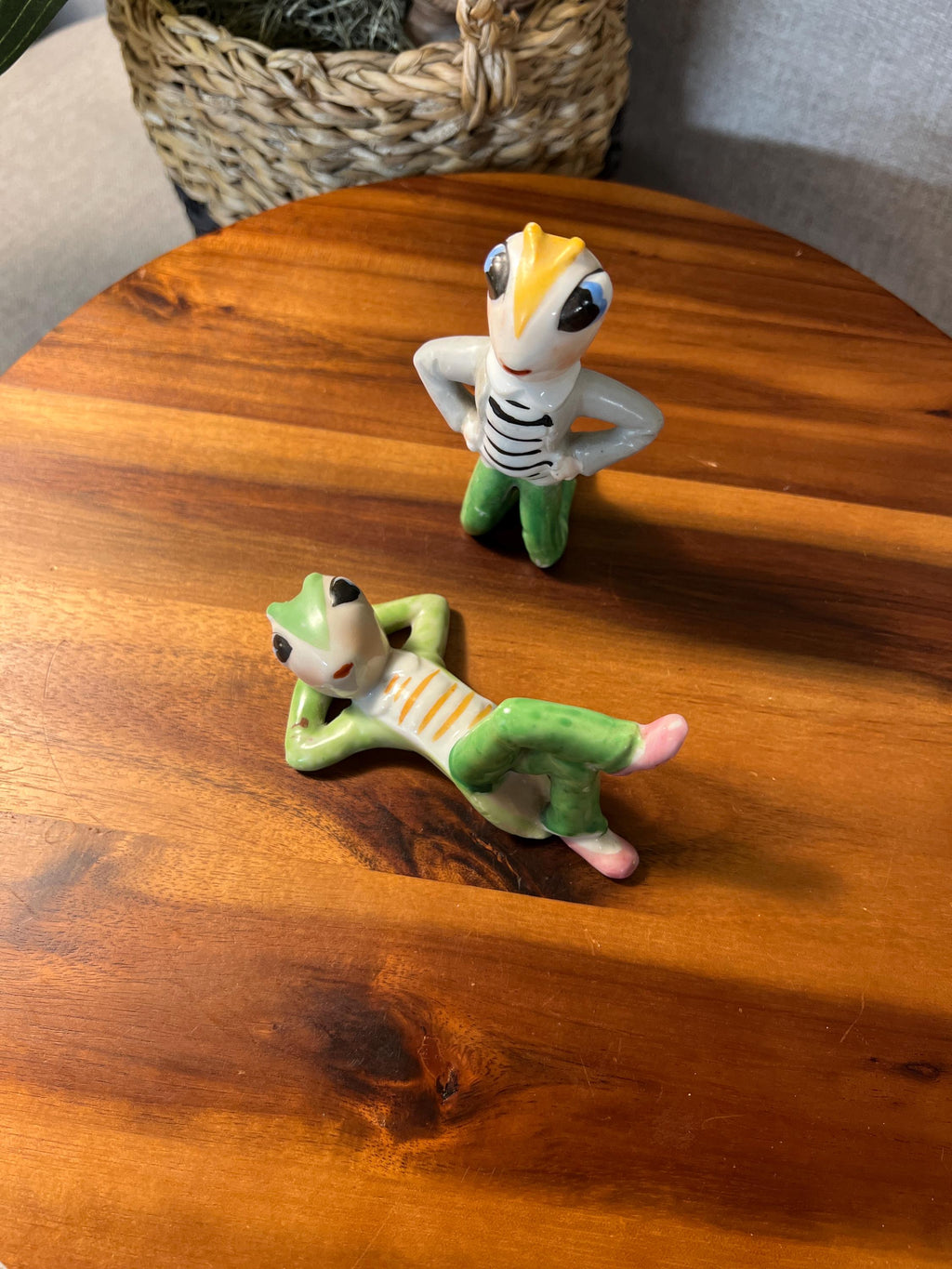 Vintage Japan Set of 2 Anthropomorphic Cricket  Bugs Insect Figurine Green & Gold
