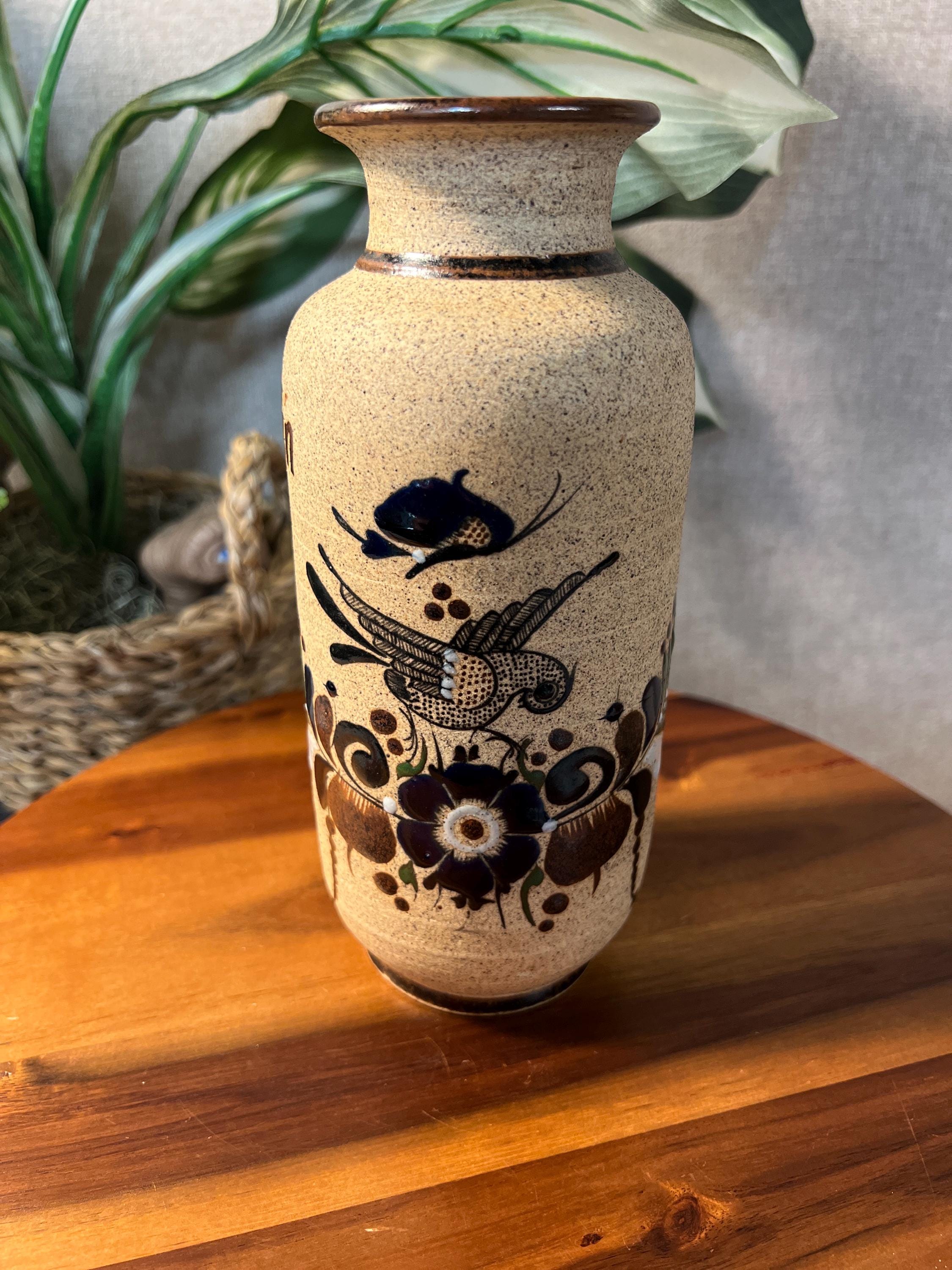 Netzi Mexican Pottery Sandstone Vase Glazed Flowers Fern Folk Art Bird