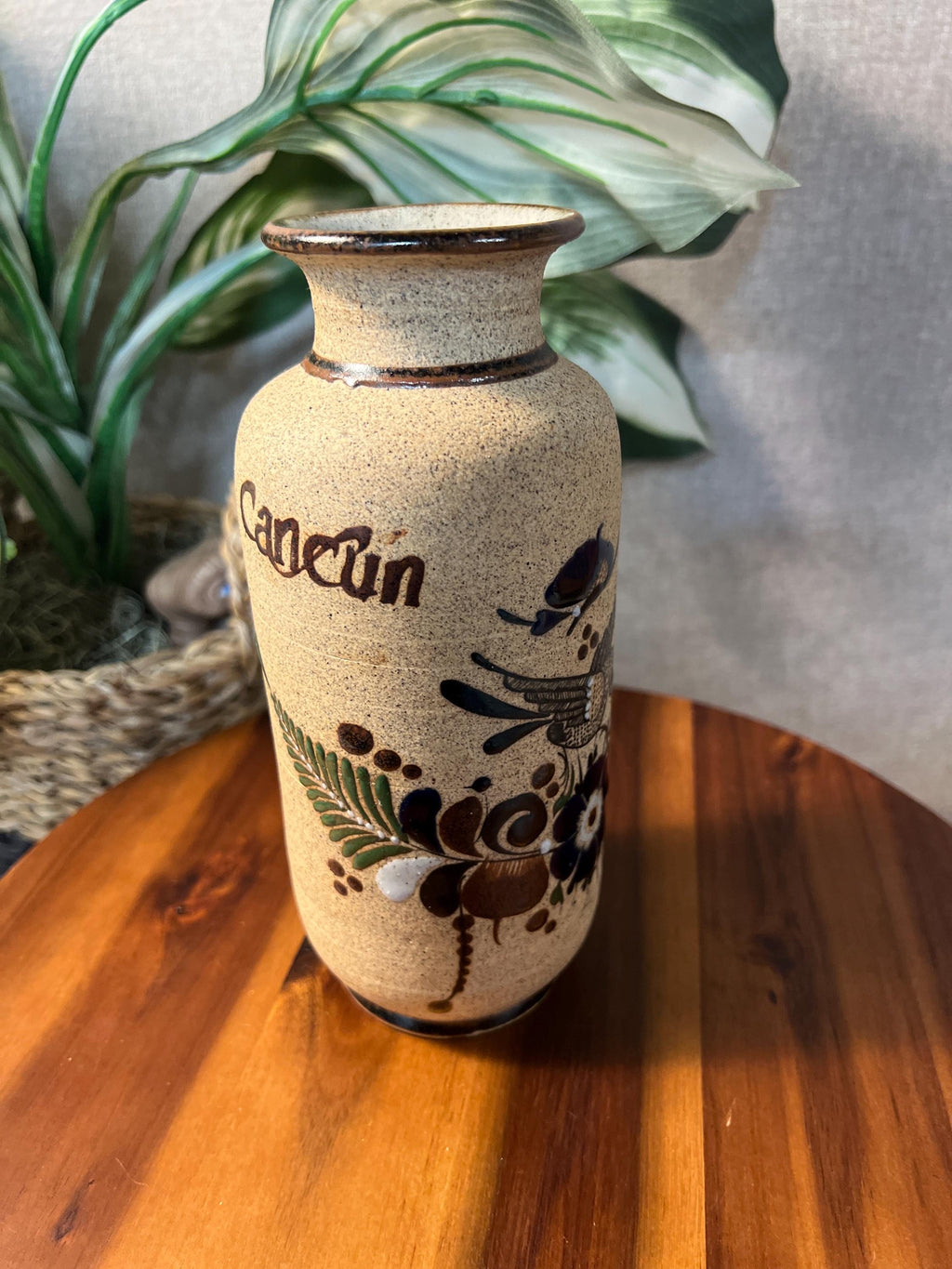 Netzi Mexican Pottery Sandstone Vase Glazed Flowers Fern Folk Art Bird