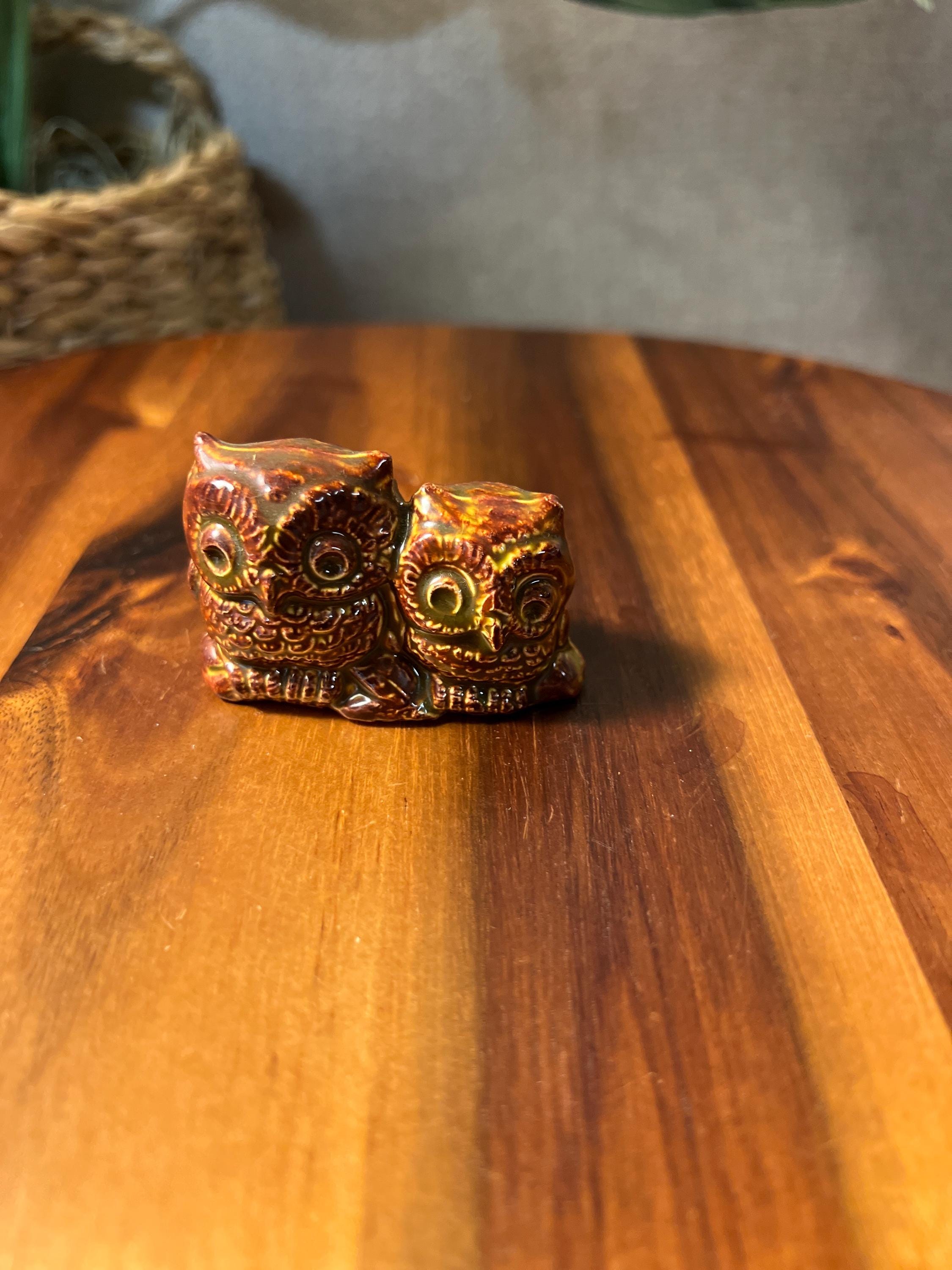 Miniature Owl Figurine Owl Pair Carved detail Ceramic 1.5 Toothpick Collectible