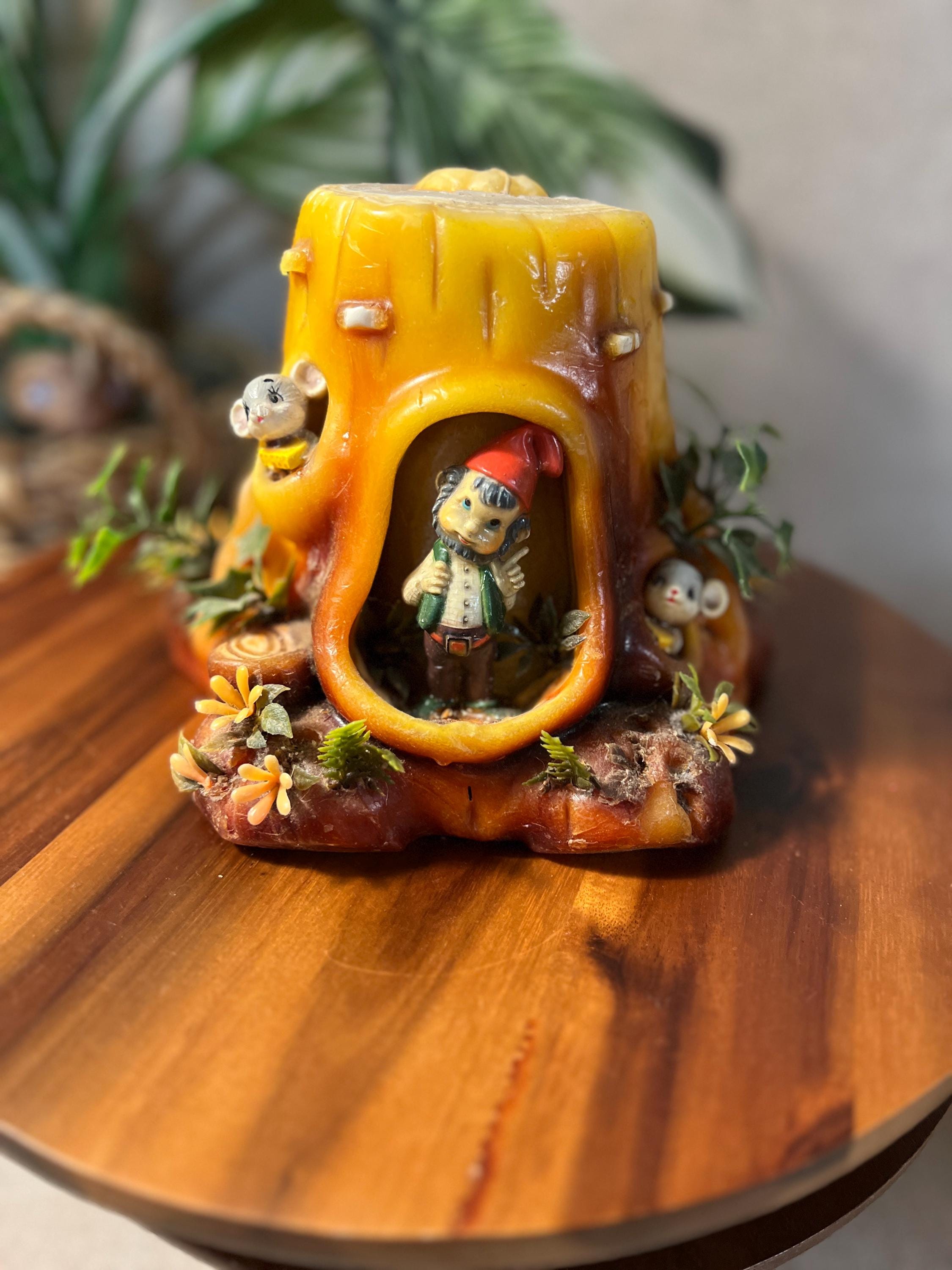 Middle Earth Candle House Stump Candle 70s Vtg Gnome Mushroom with Gnome Handmade