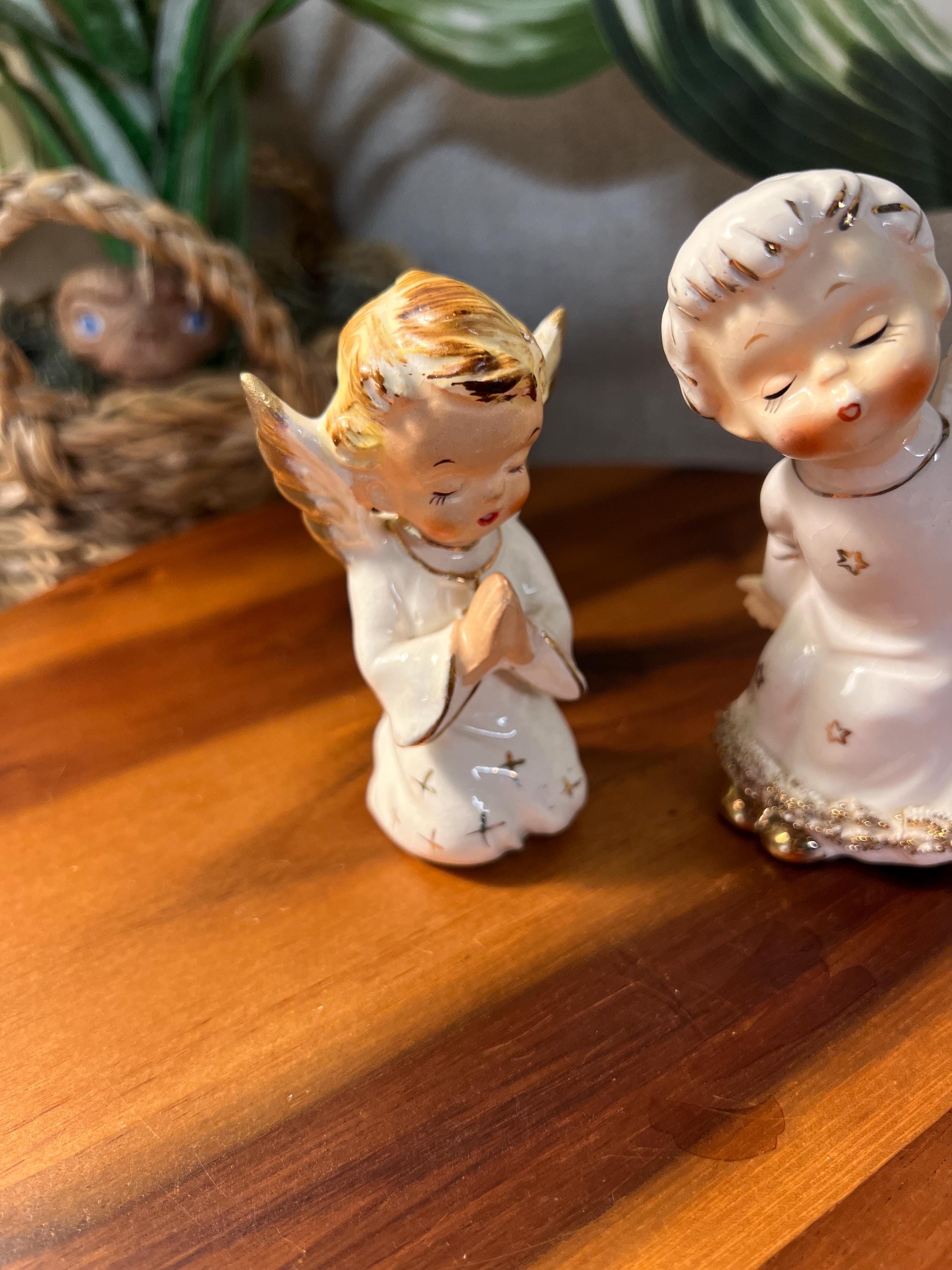 1950s Porcelain Christmas Angel Figurines, Pair — White & Gold, Made in Japan