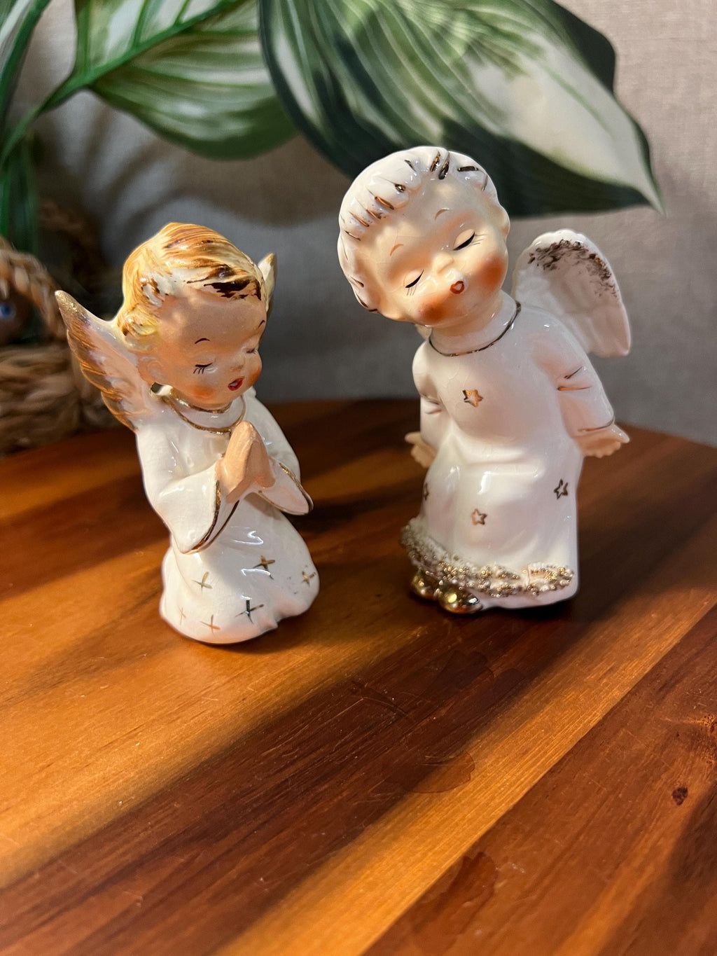 1950s Porcelain Christmas Angel Figurines, Pair — White & Gold, Made in Japan