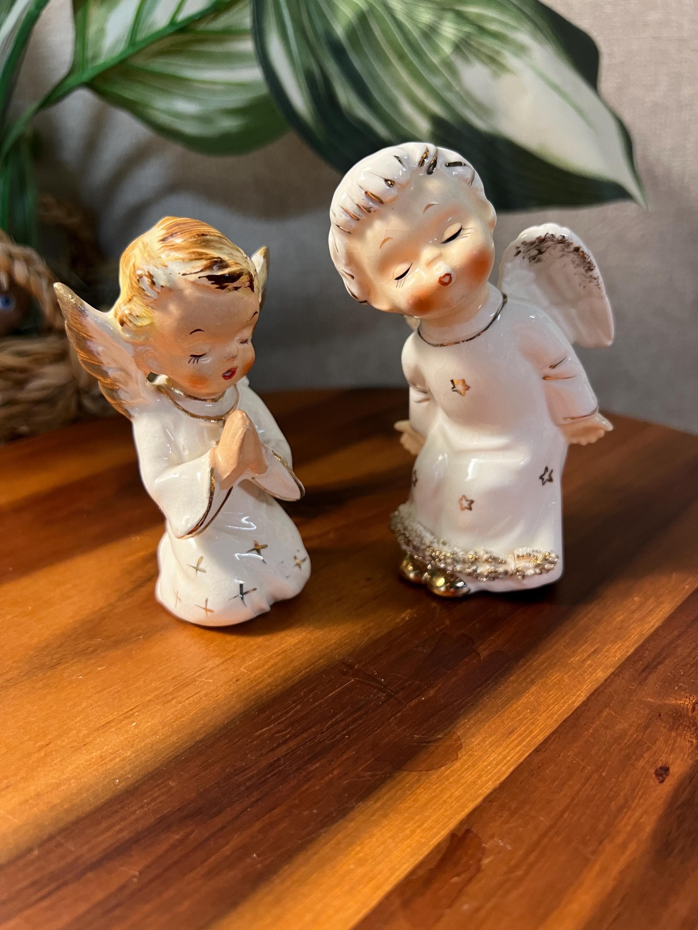 1950s Porcelain Christmas Angel Figurines, Pair — White & Gold, Made in Japan