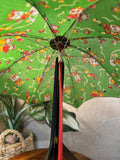 Vintage Japan Printed Cotton Child's Umbrella Parasol W/Painted Wood Kokeshi Handle