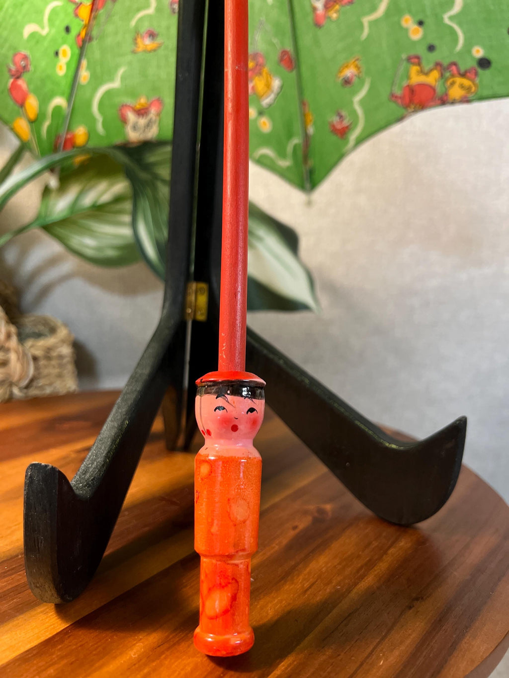 Vintage Japan Printed Cotton Child's Umbrella Parasol W/Painted Wood Kokeshi Handle