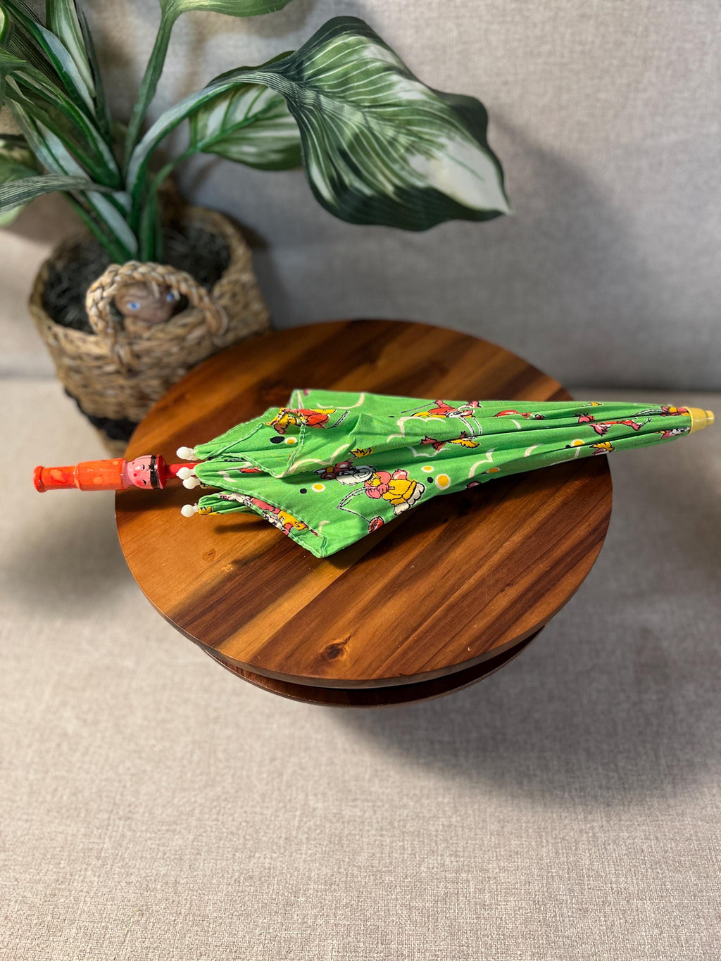 Vintage Japan Printed Cotton Child's Umbrella Parasol W/Painted Wood Kokeshi Handle
