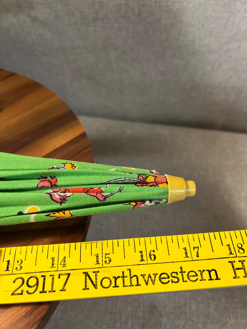 Vintage Japan Printed Cotton Child's Umbrella Parasol W/Painted Wood Kokeshi Handle