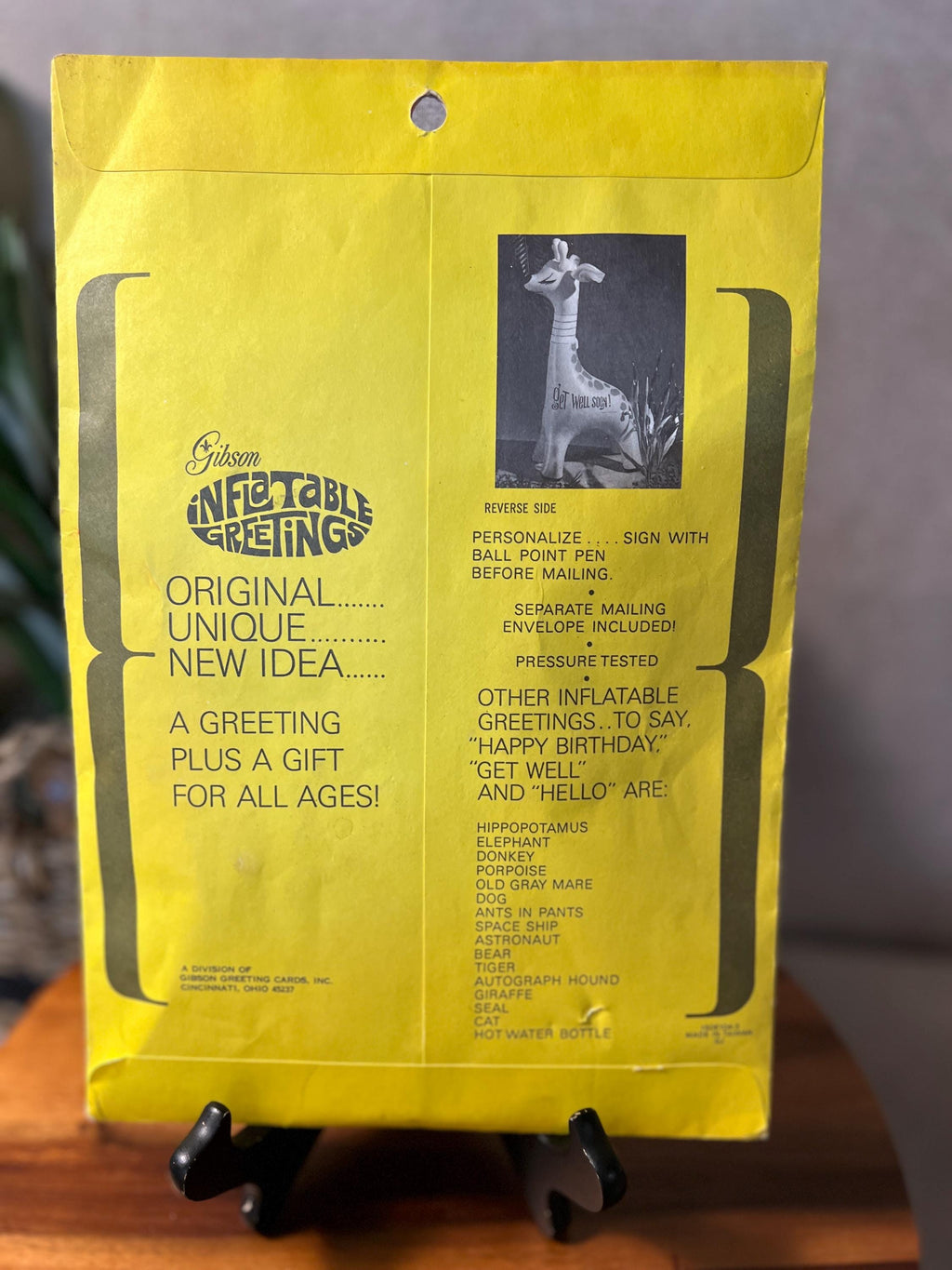 Vintage Gibson Inflatable Greetings Giraffe Balloon Get Well Soon