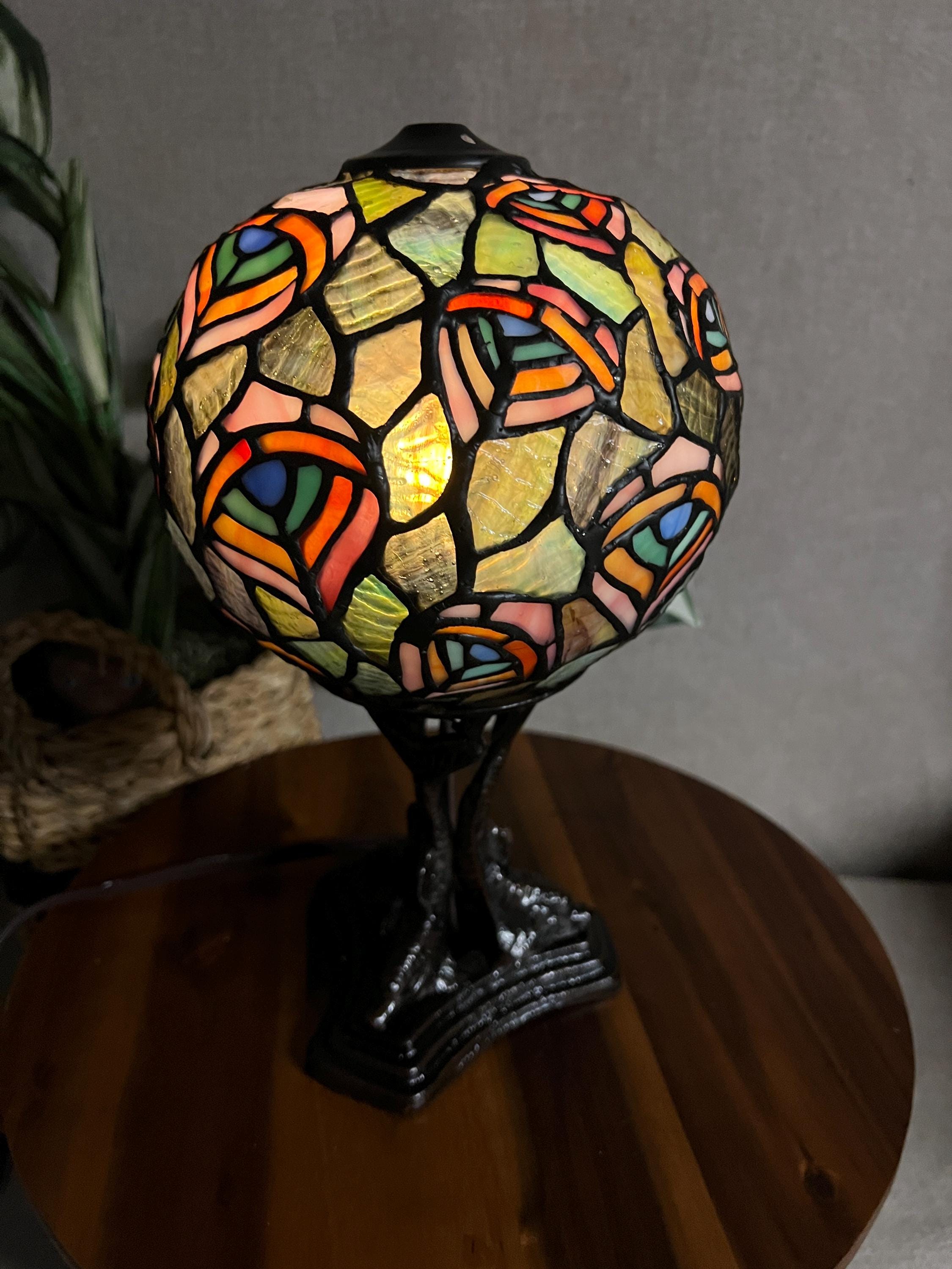Stained Slag Glass Table Lamp Tiffany Style Peacock 3 Fish Round Dome Sphere