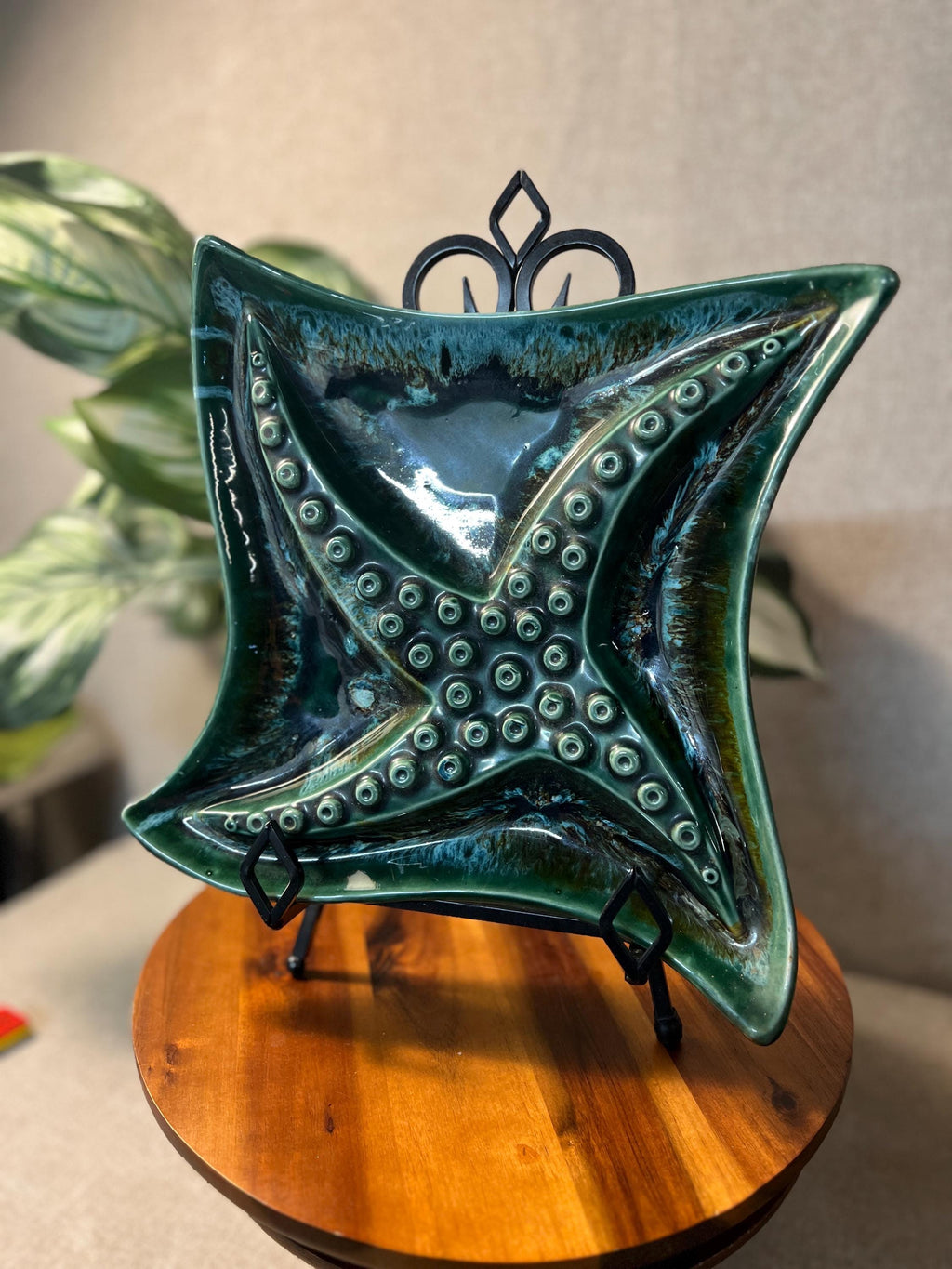 Starfish Plate Green Ceramic  USA 4-Part Divided Serving Dish Vintage
