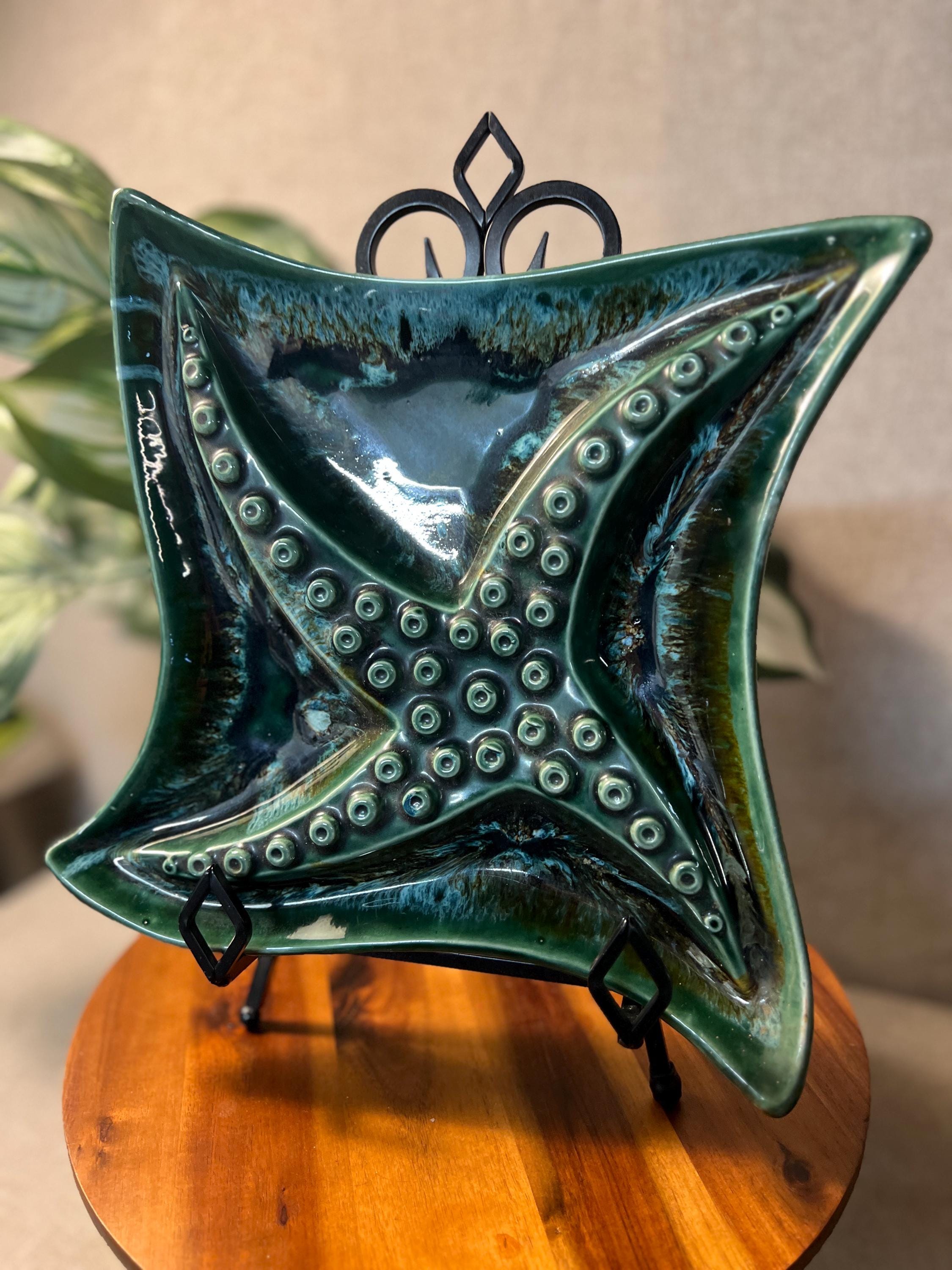 Starfish Plate Green Ceramic  USA 4-Part Divided Serving Dish Vintage