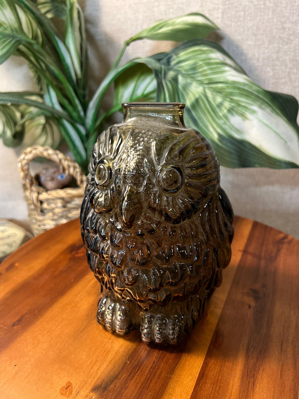 Vintage 1970s Wise Old Owl Coin Bank Brown Glass  made by Libbey