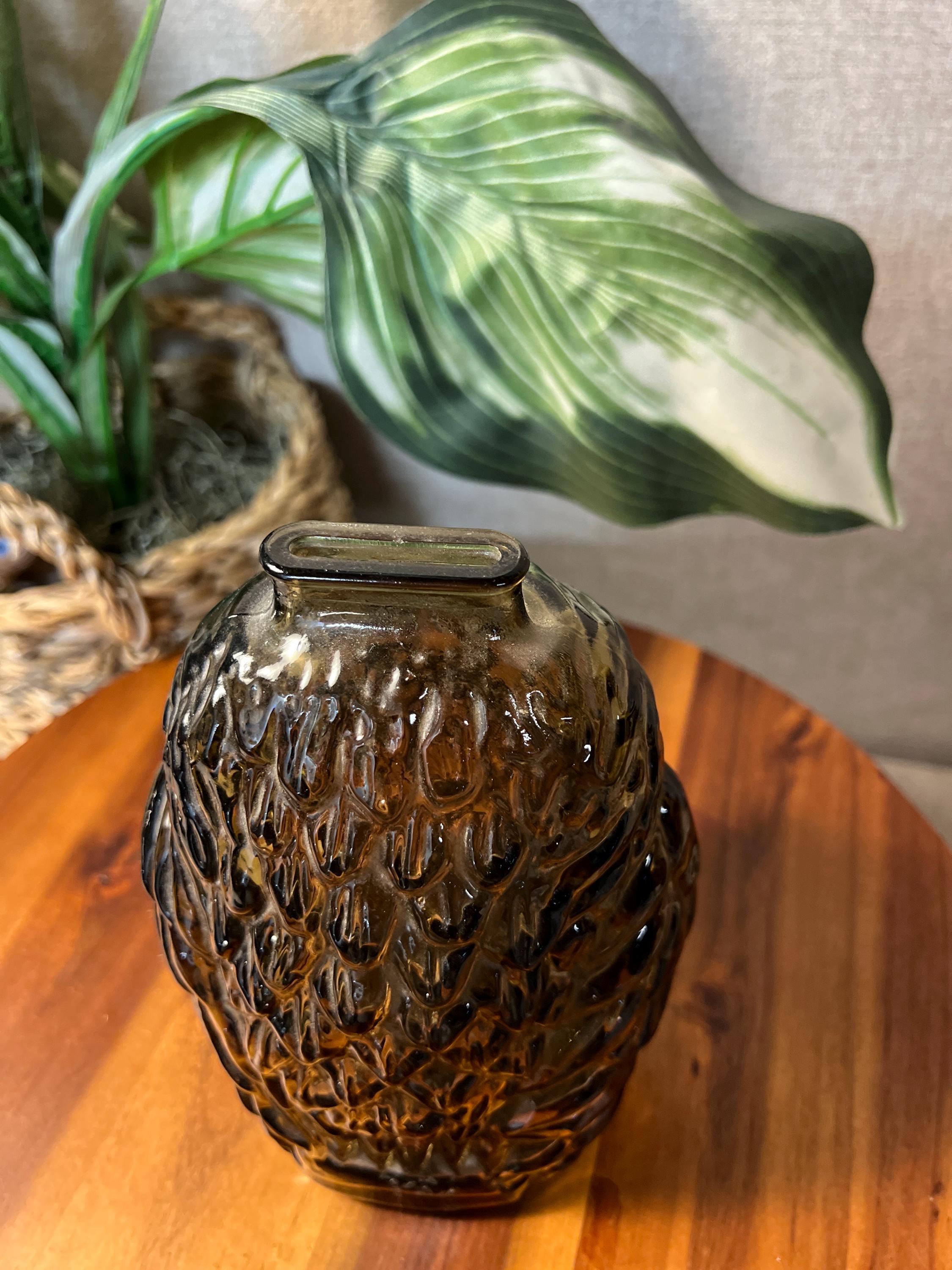 Vintage 1970s Wise Old Owl Coin Bank Brown Glass  made by Libbey