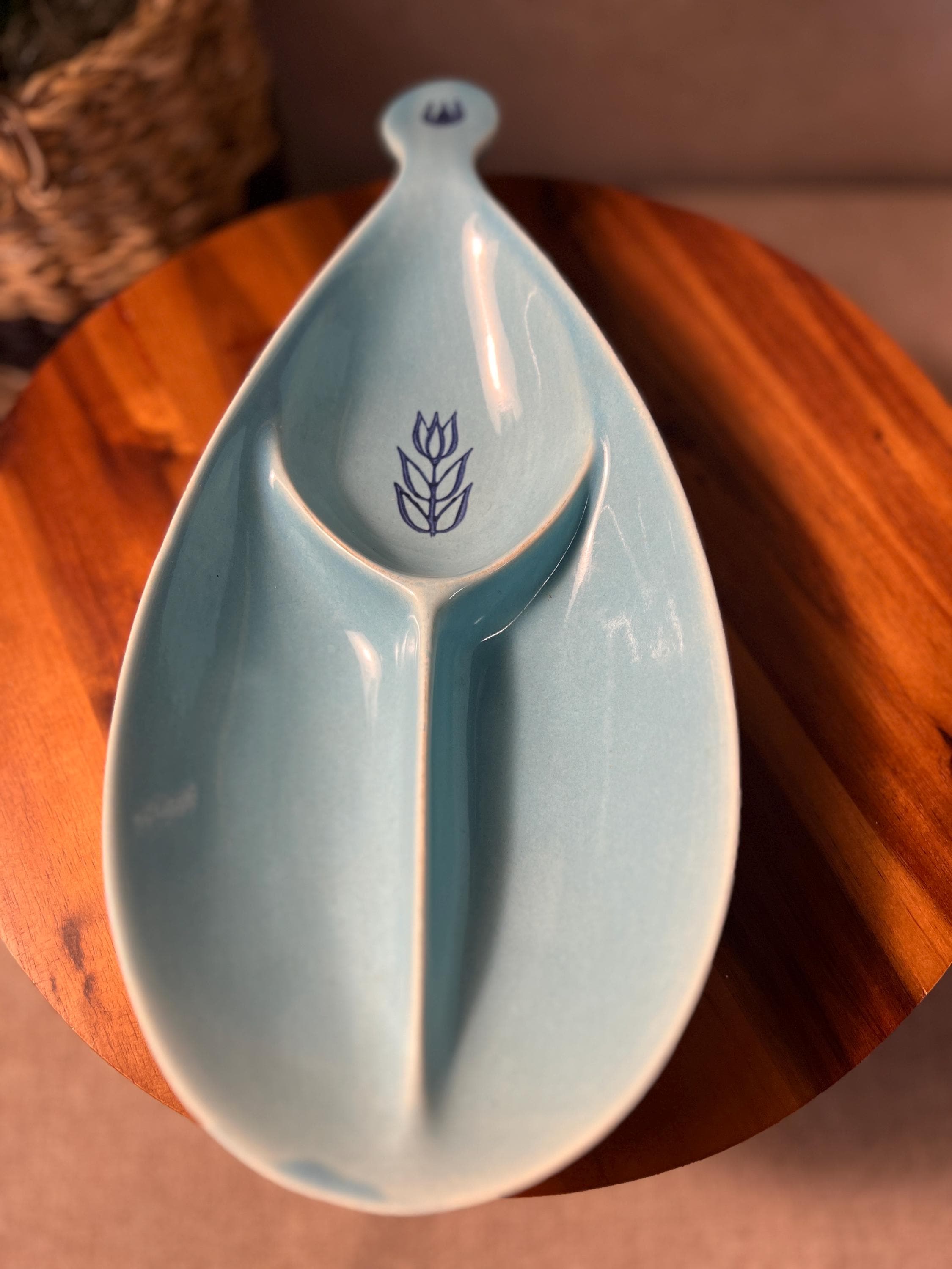 Cronin Blue Teardrop Tulip Divided Relish Dish MCM Vintage 1950s