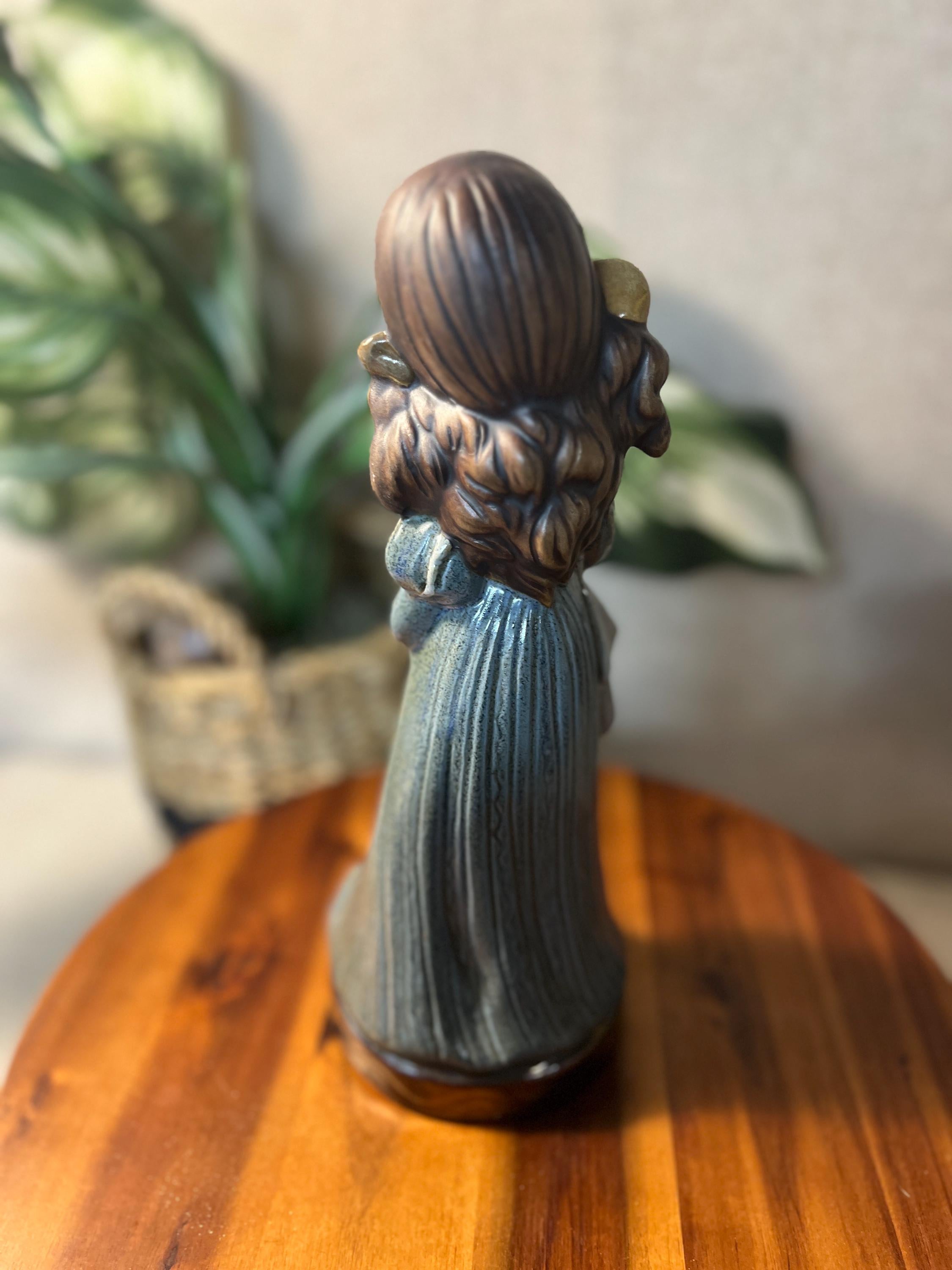 Vtg Ceramic Hand Painted Girl Holding Purse Blue Dress Figurine Signed Mary 1980