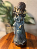 Vtg Ceramic Hand Painted Girl Holding Purse Blue Dress Figurine Signed Mary 1980