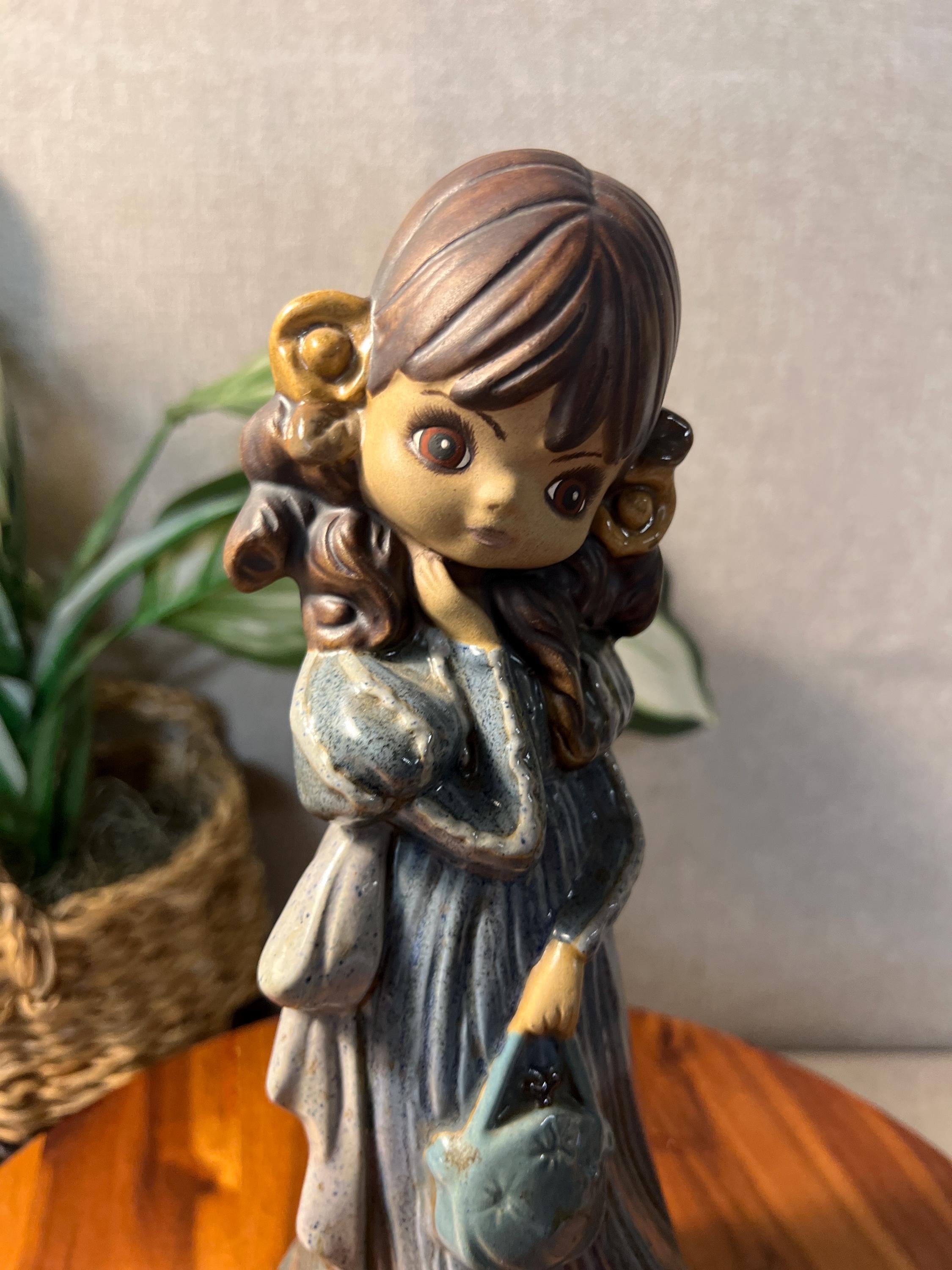 Vtg Ceramic Hand Painted Girl Holding Purse Blue Dress Figurine Signed Mary 1980