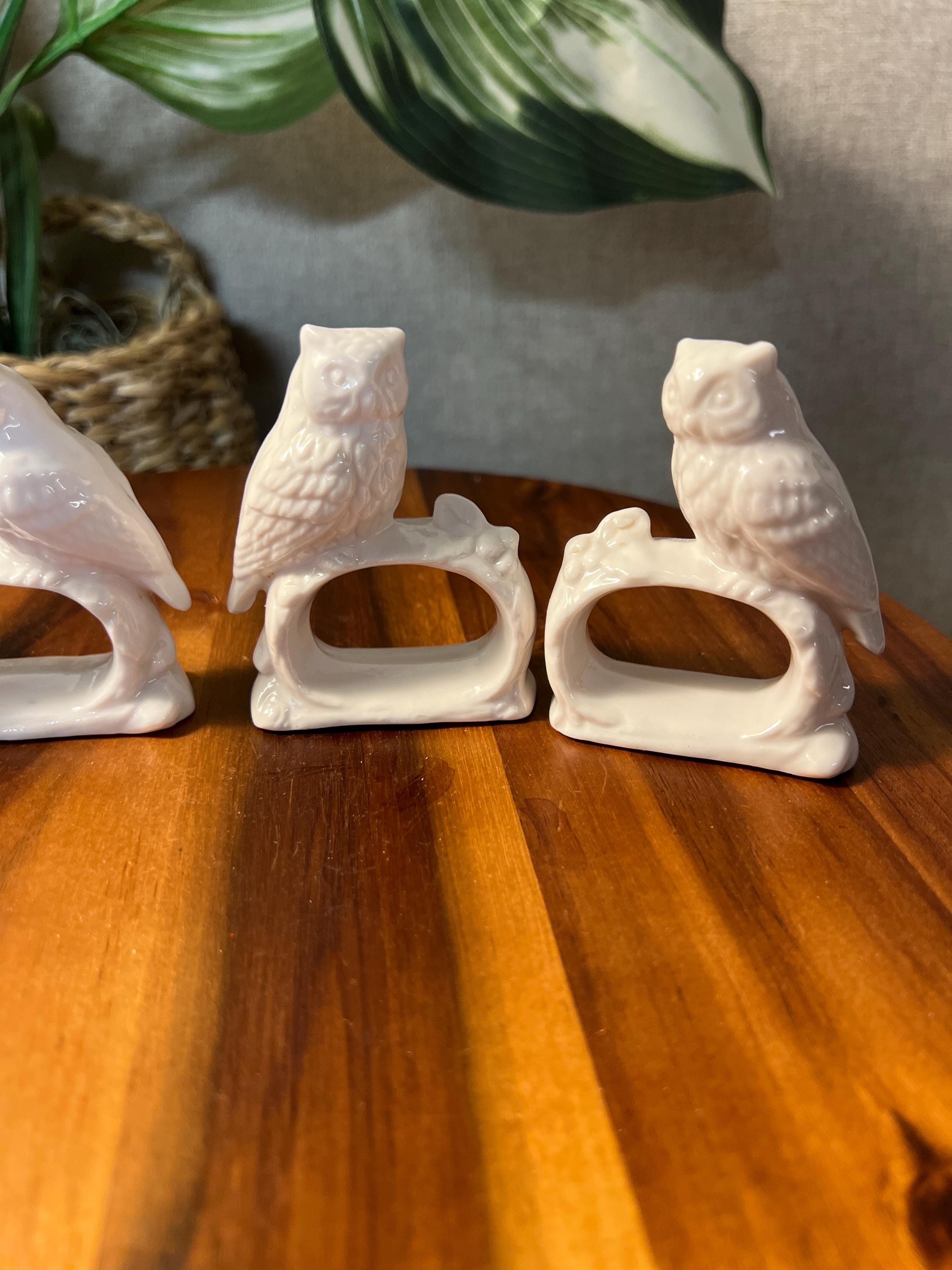 Vintage Ardalt Porcelain Owl Napkin Ring Holders 4 Pcs made In Japan White
