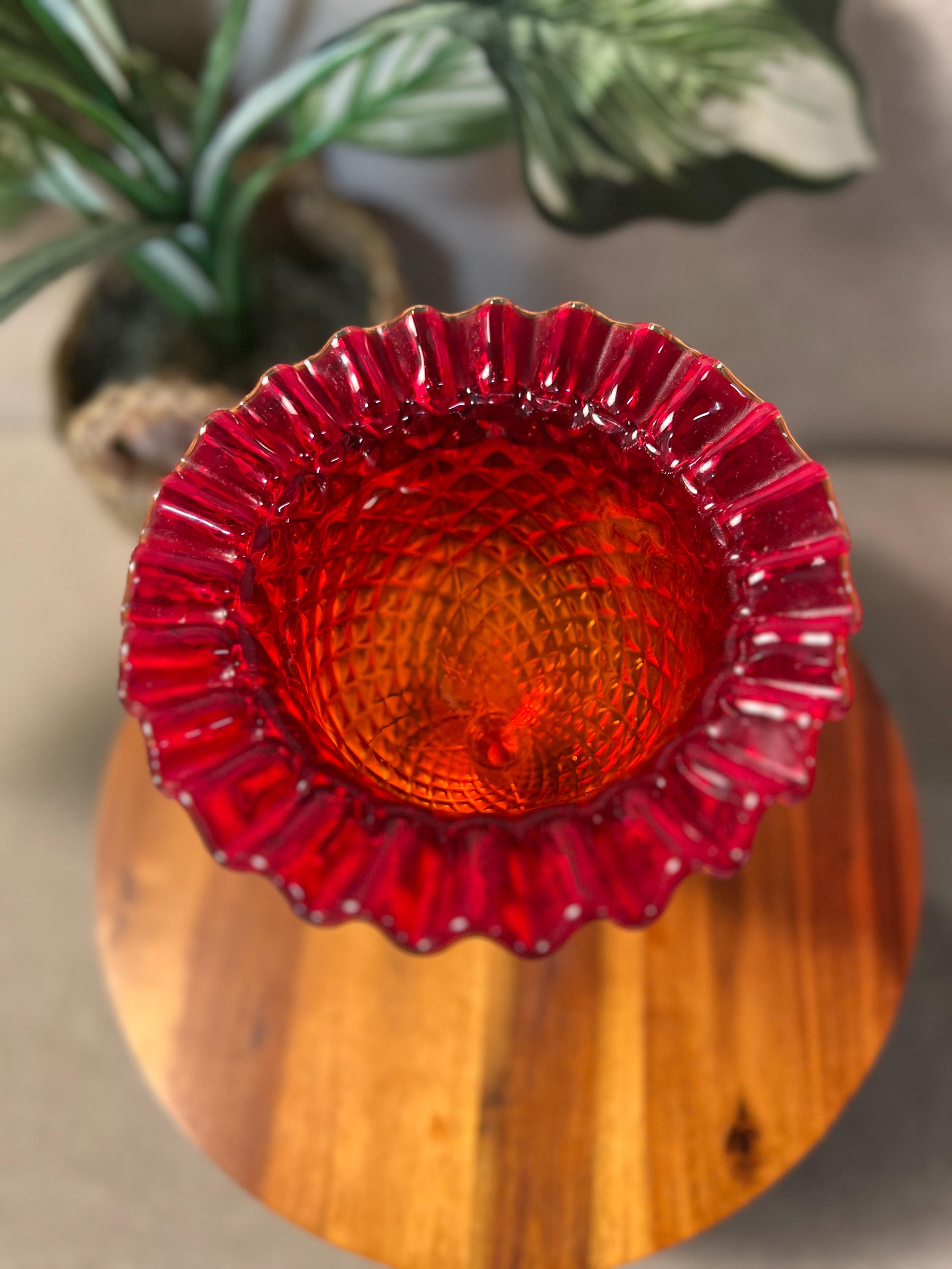 Vintage Viking Glass Yesteryear Amberina Crimped Lid Pedestal Cover with red foil sticker