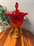 Vintage Viking Glass Yesteryear Amberina Crimped Lid Pedestal Cover with red foil sticker