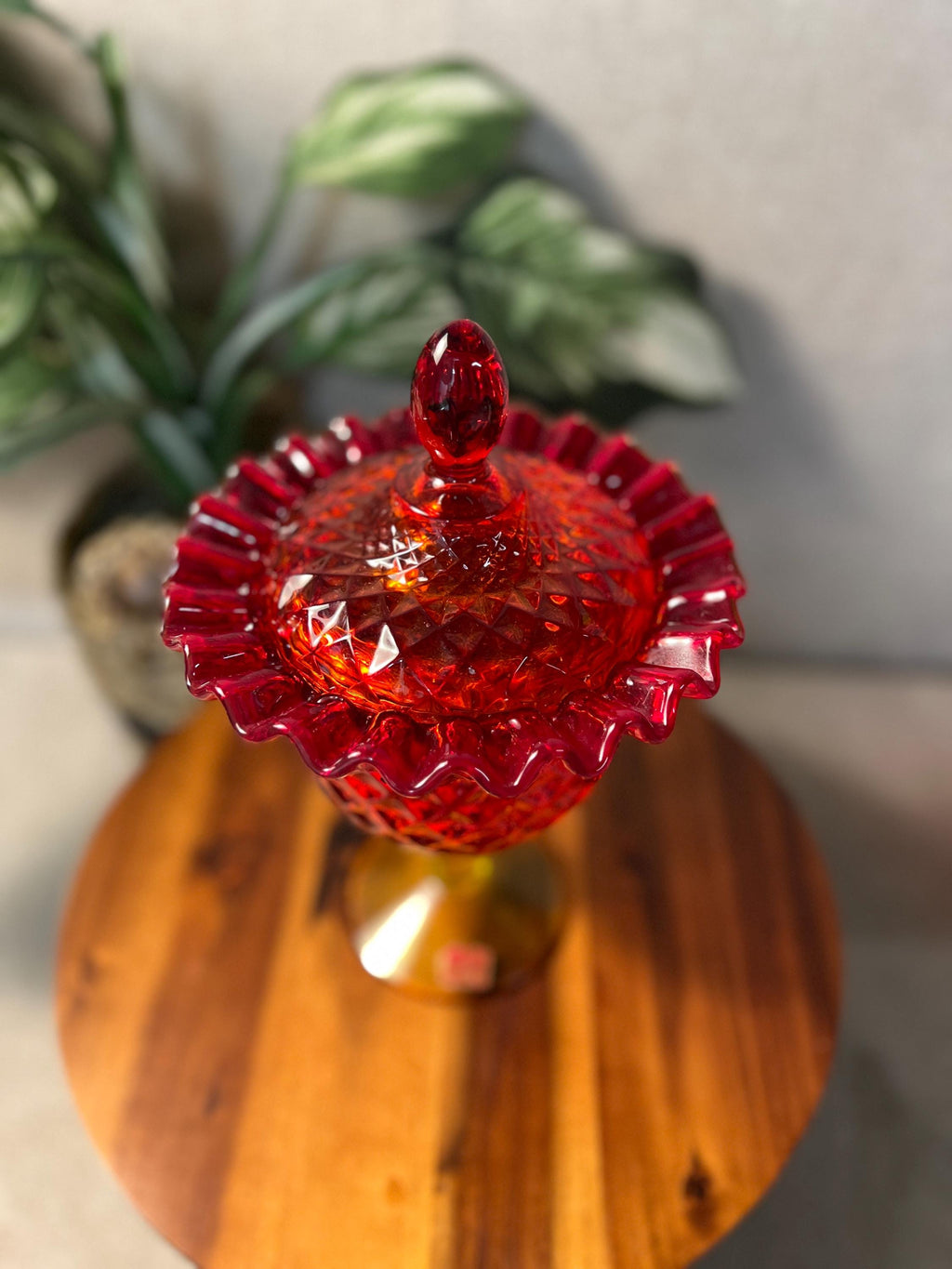 Vintage Viking Glass Yesteryear Amberina Crimped Lid Pedestal Cover with red foil sticker