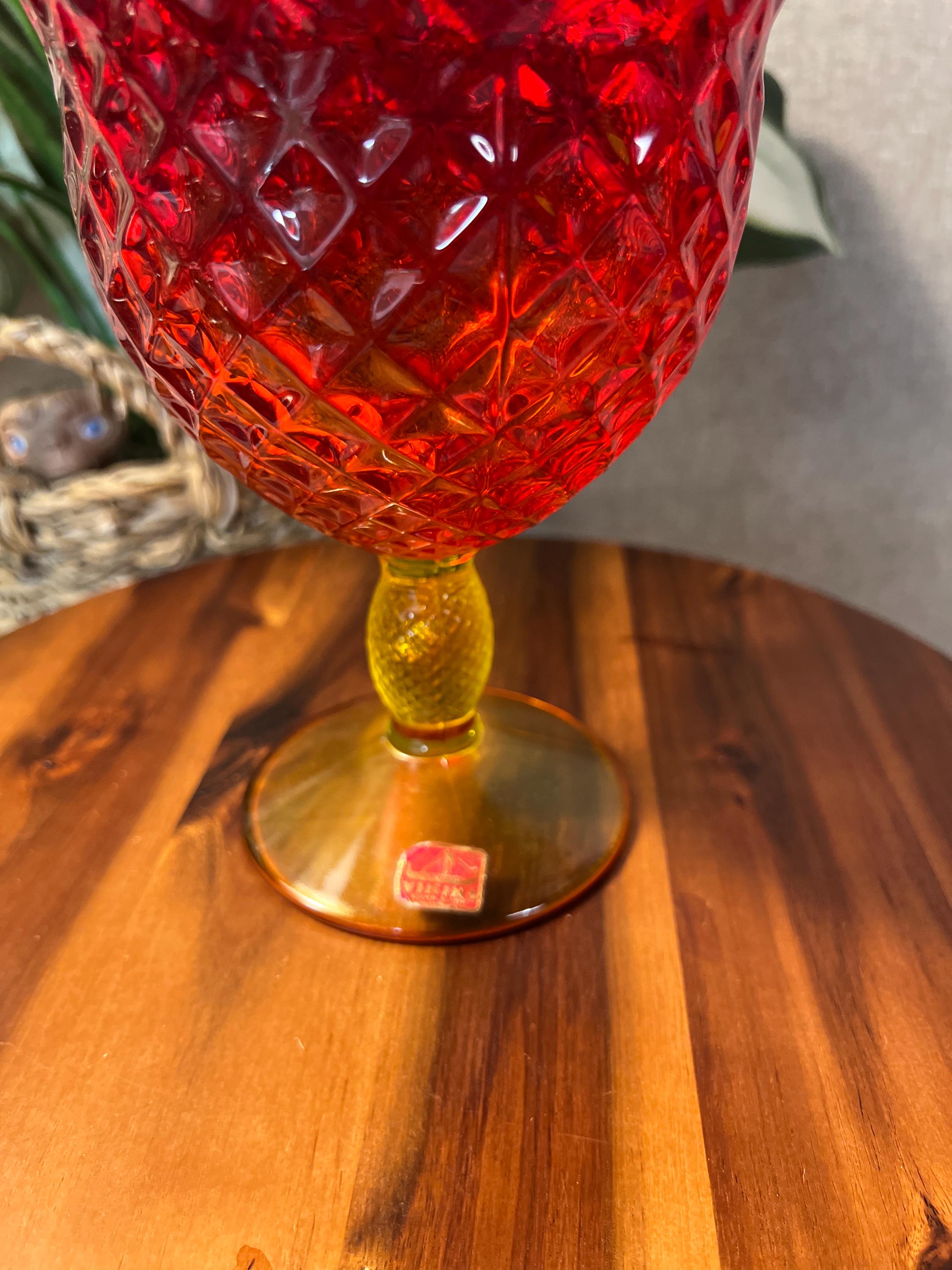 Vintage Viking Glass Yesteryear Amberina Crimped Lid Pedestal Cover with red foil sticker