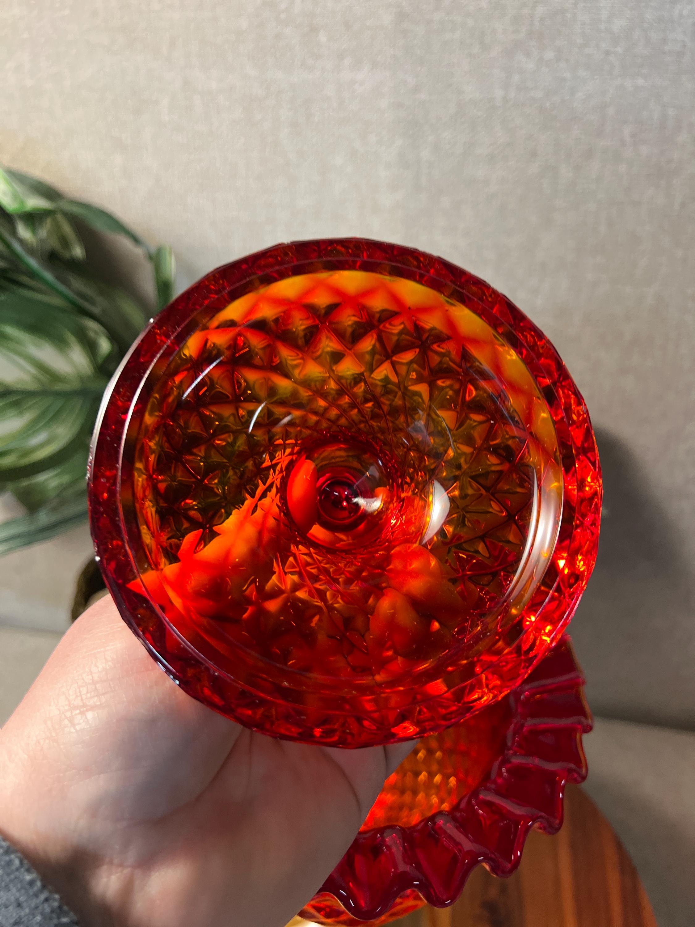 Vintage Viking Glass Yesteryear Amberina Crimped Lid Pedestal Cover with red foil sticker