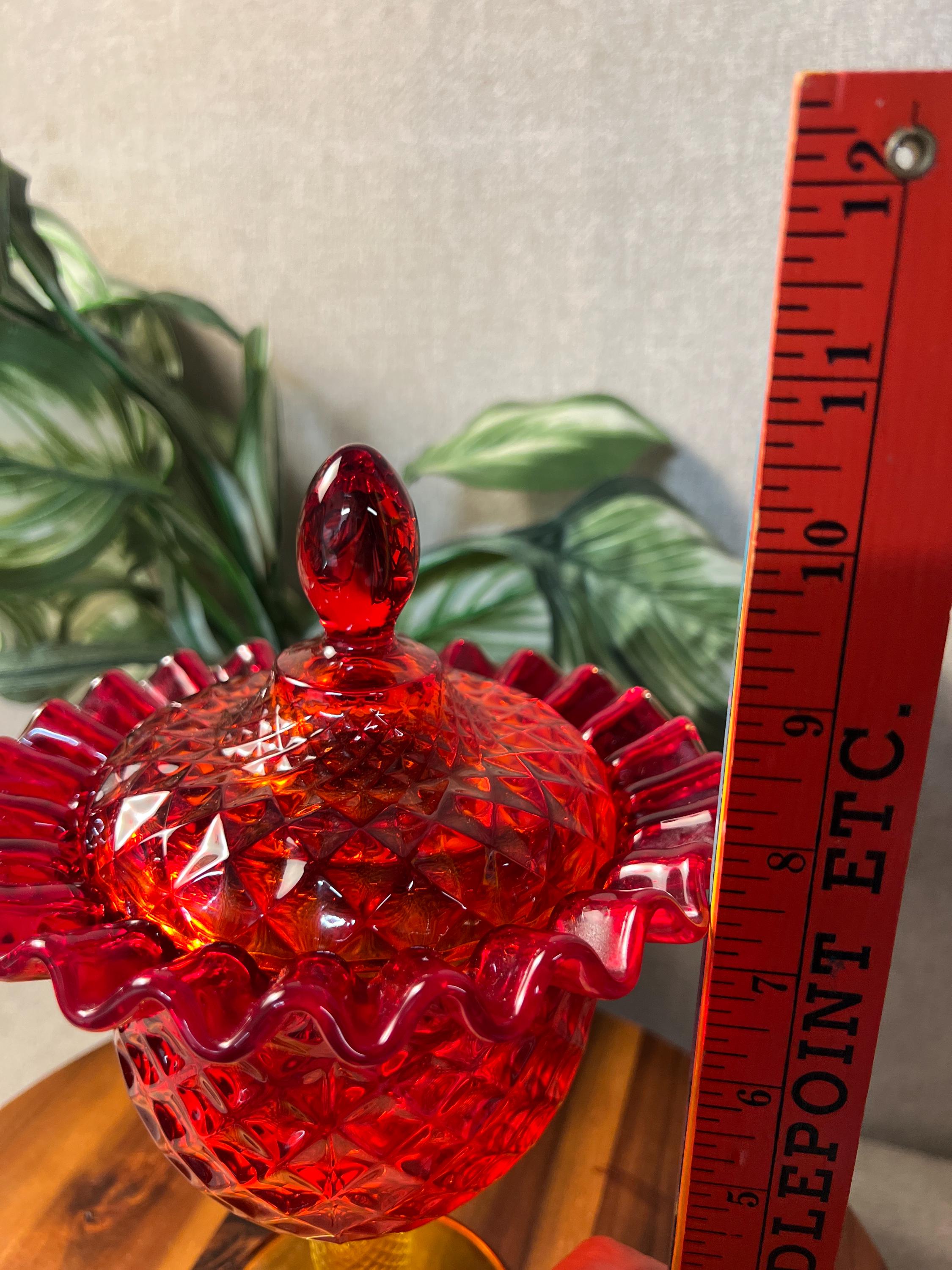 Vintage Viking Glass Yesteryear Amberina Crimped Lid Pedestal Cover with red foil sticker