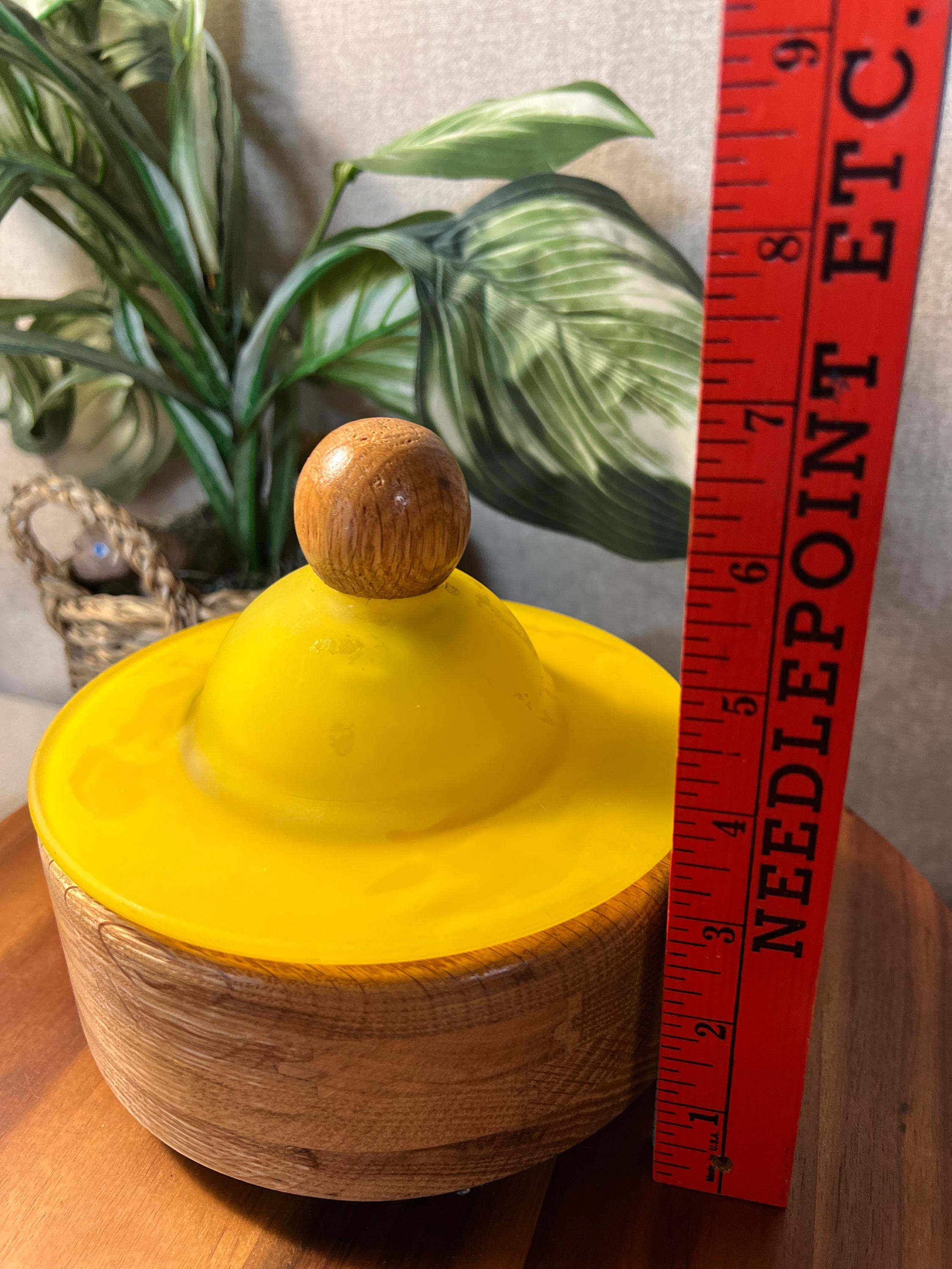 Vintage Handcarved Wood Bowl with Satin Yellow Glass Lid and wooden top