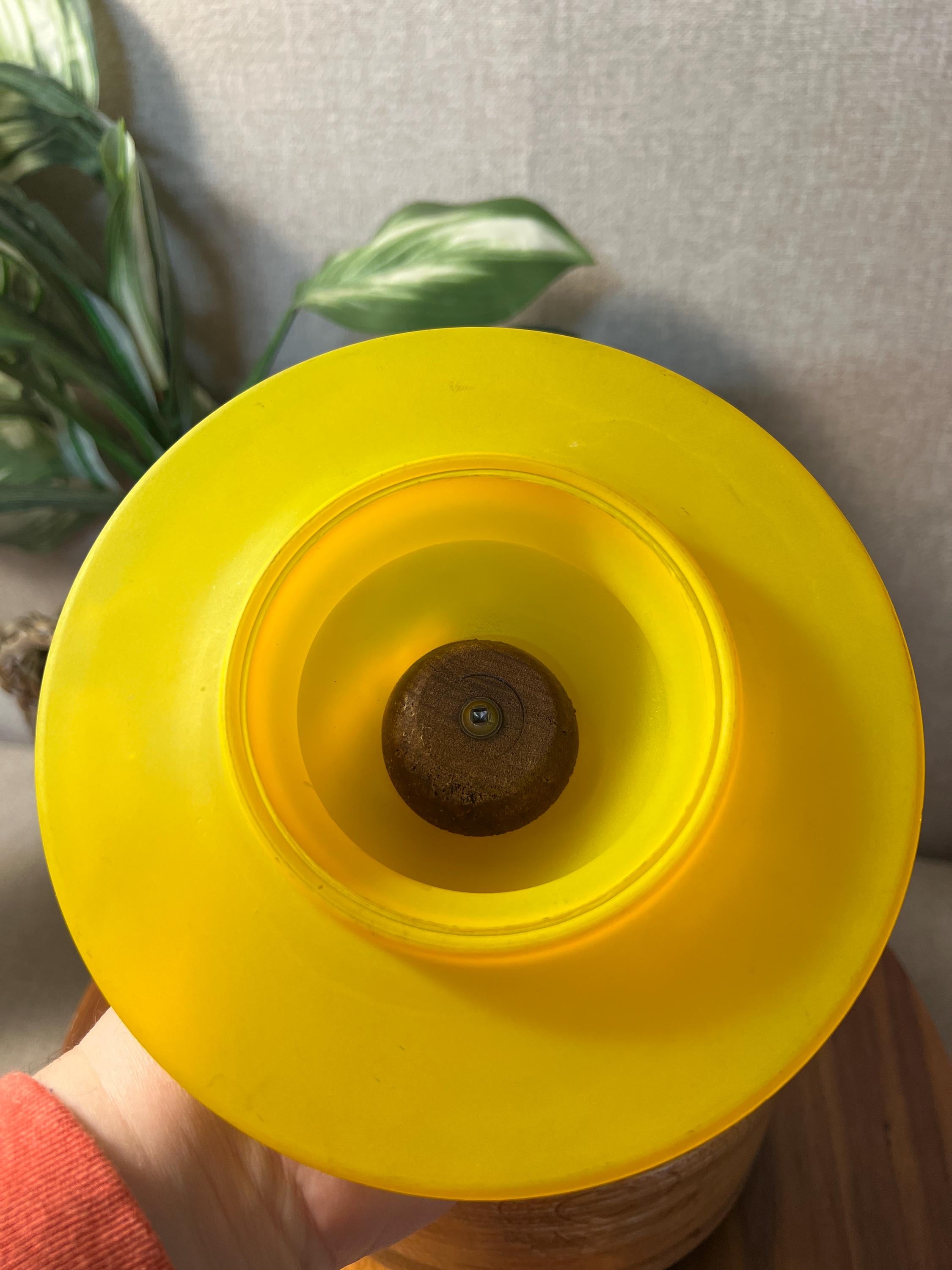 Vintage Handcarved Wood Bowl with Satin Yellow Glass Lid and wooden top