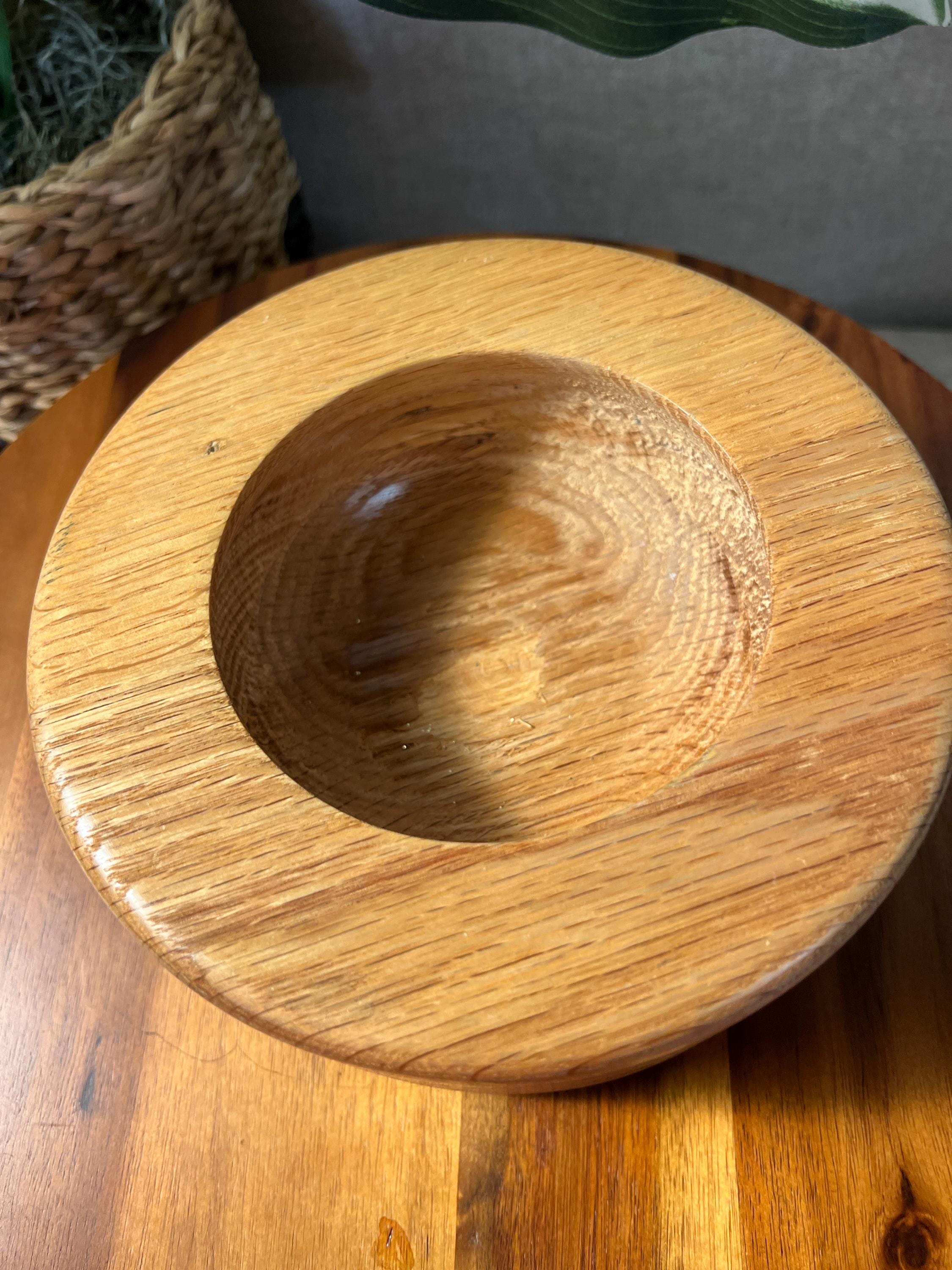Vintage Handcarved Wood Bowl with Satin Yellow Glass Lid and wooden top