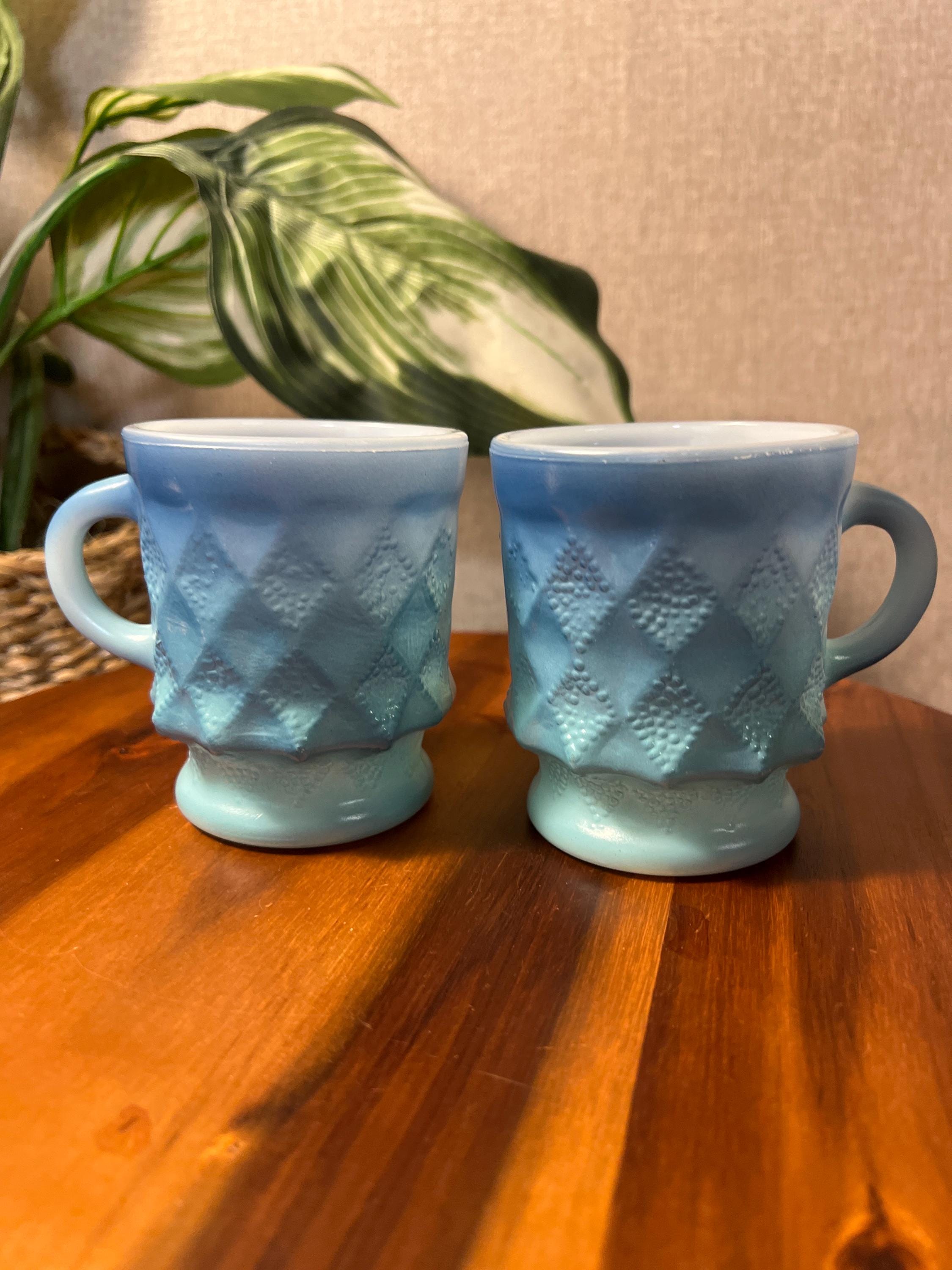 Anchor Hocking Fire King Blue Ombre Mug Cup Diamond Kimberly USA  Made Set of 2