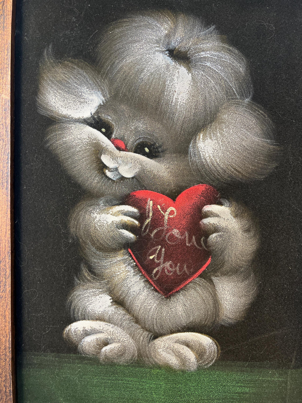 Vintage Black Velvet Painting Pup with Heart I Love You Framed Mexico 20.5x14