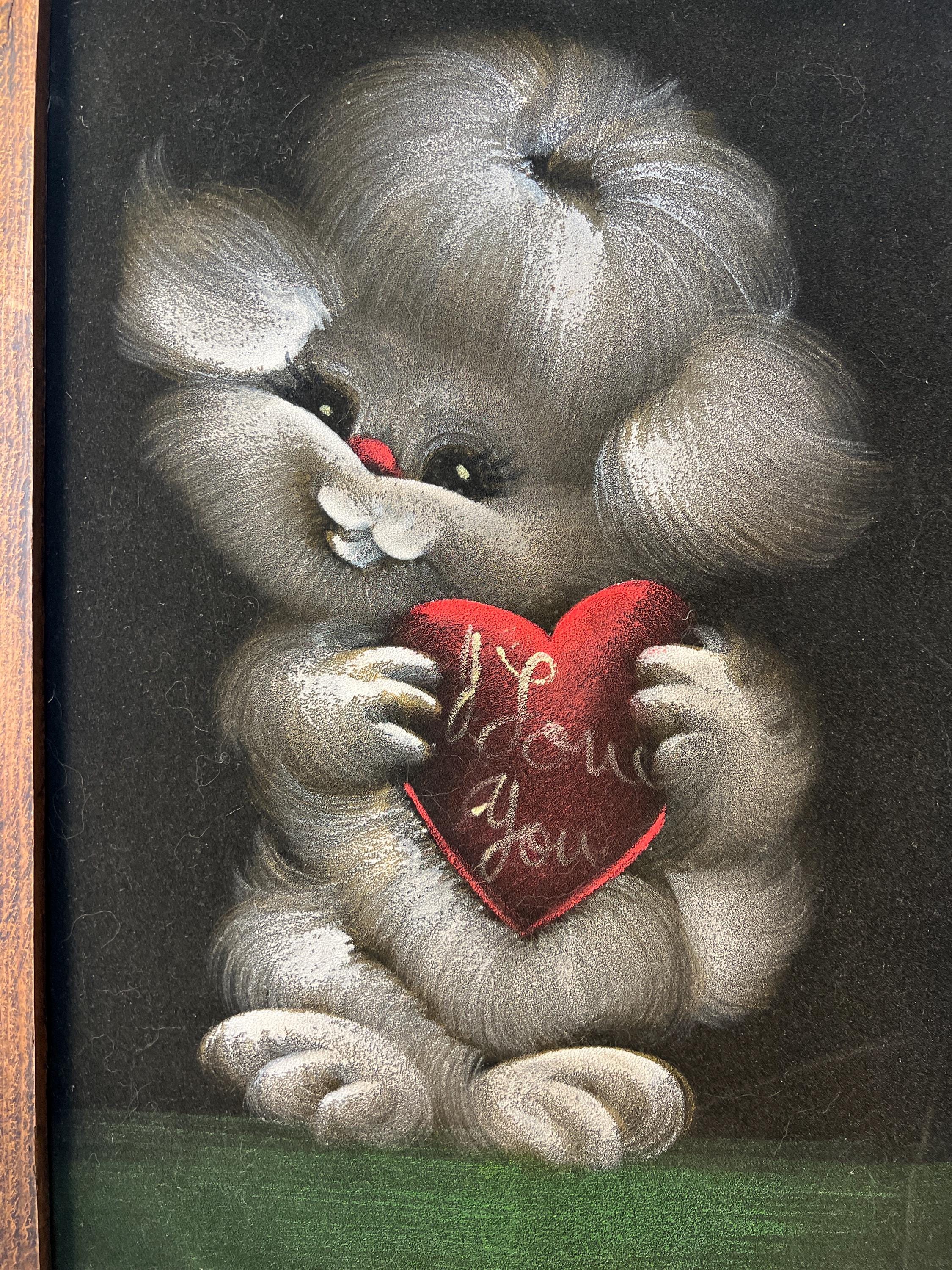 Vintage Black Velvet Painting Pup with Heart I Love You Framed Mexico 20.5x14