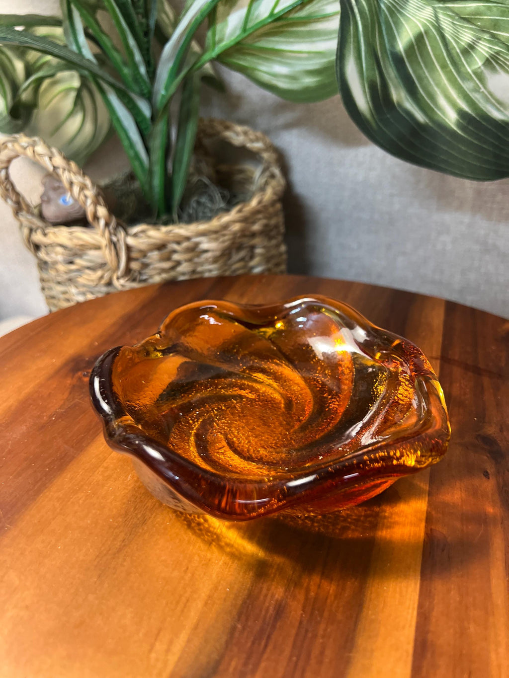 Fenton Heavy Glass Trinket Dish, Amber Honey Swirl, Excellent