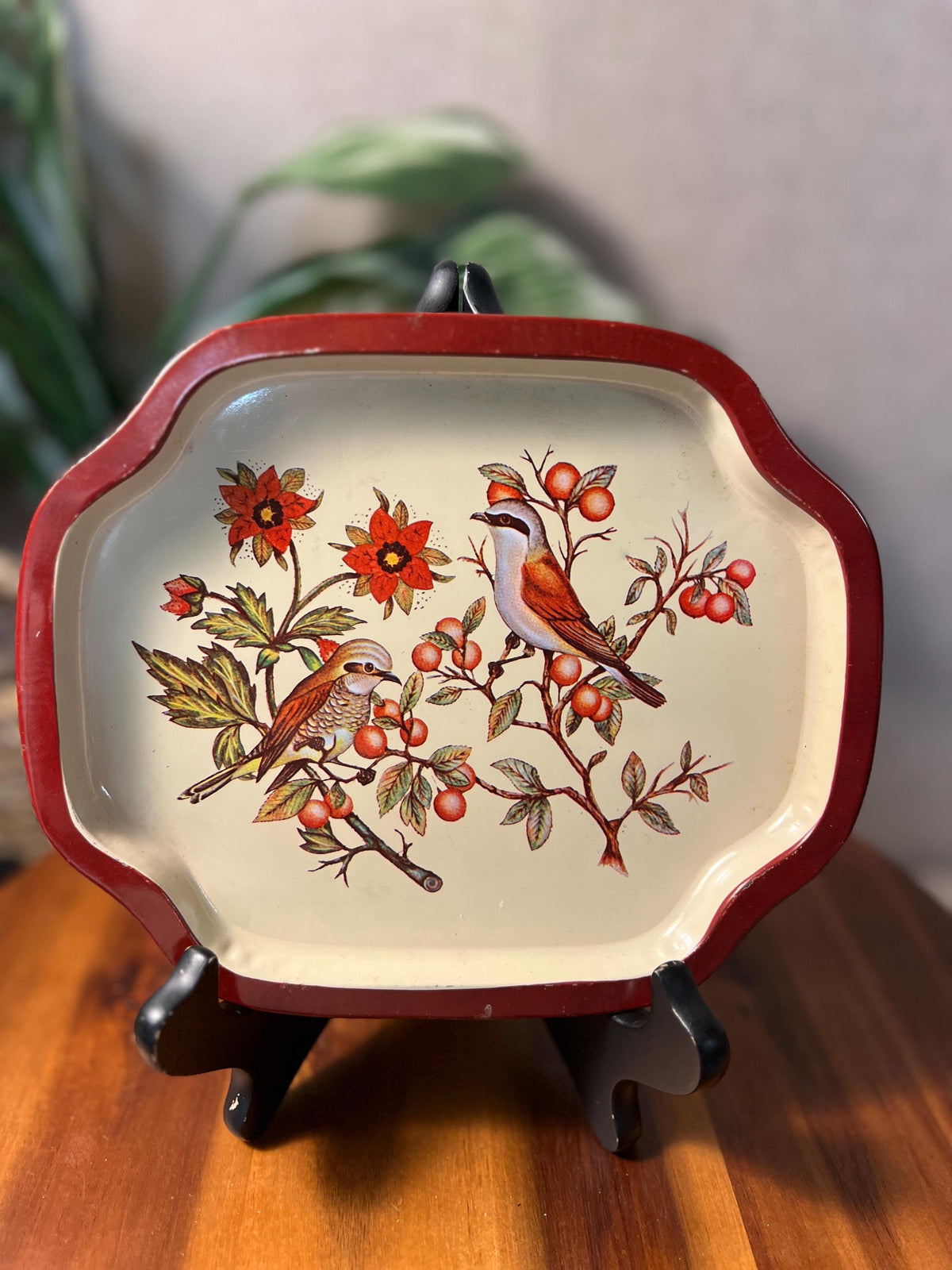 VTG Trinket Tray Birds Tin Ware Tea Party Boho Floral Cottage Farm Style Decor