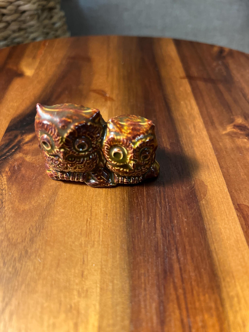 Miniature Owl Figurine Owl Pair Carved detail Ceramic 1.5 Toothpick Collectible