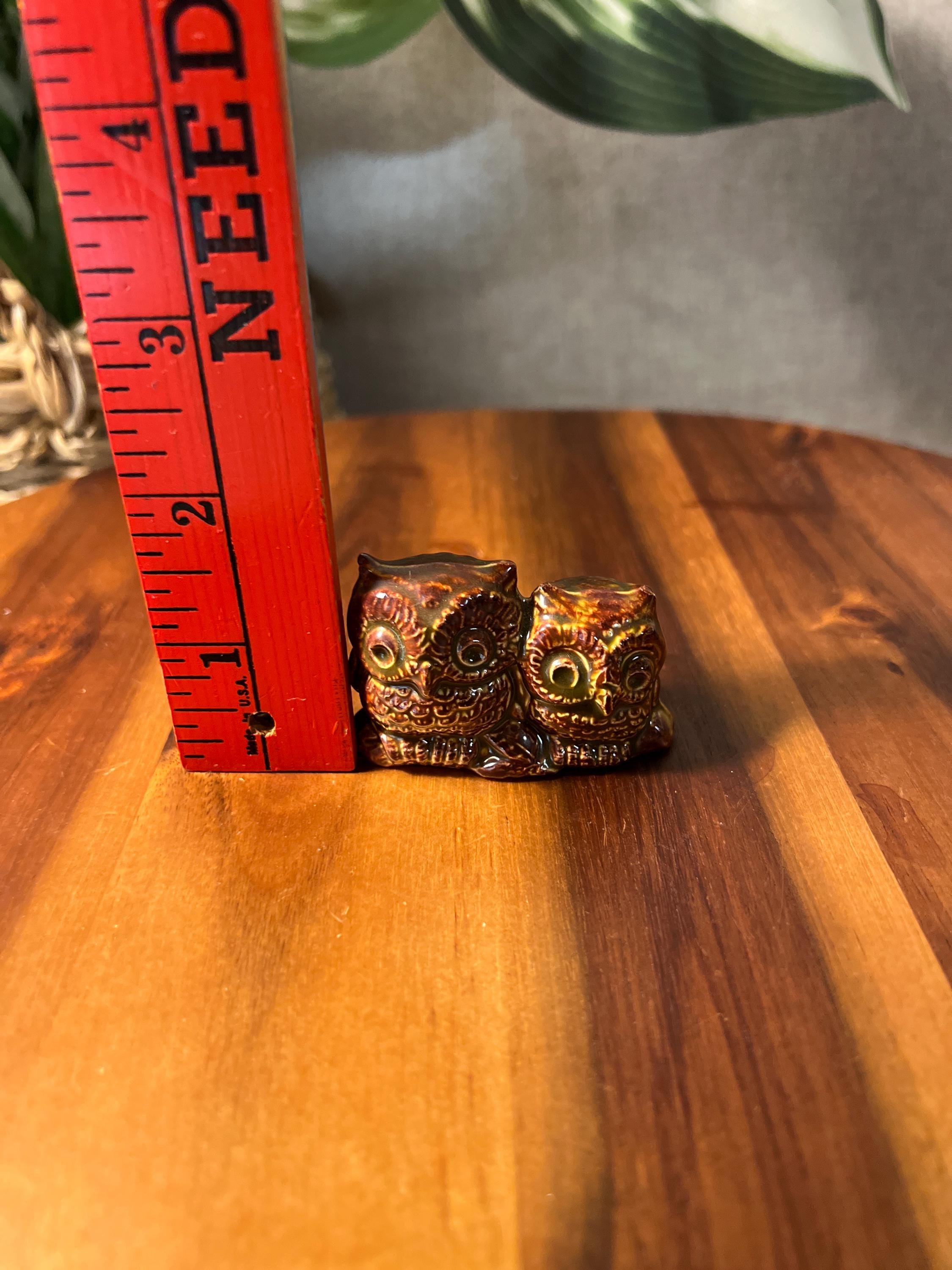 Miniature Owl Figurine Owl Pair Carved detail Ceramic 1.5 Toothpick Collectible