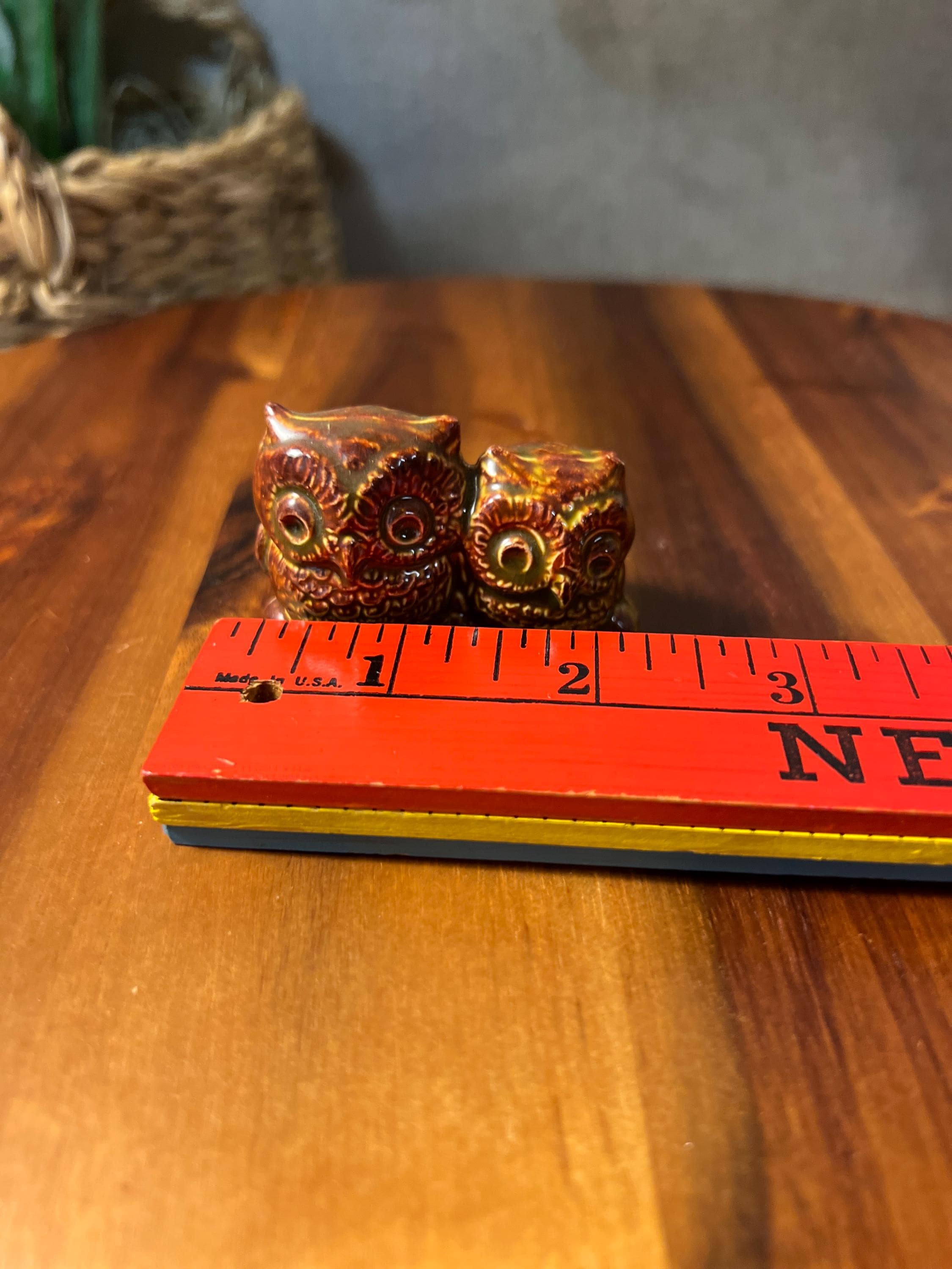 Miniature Owl Figurine Owl Pair Carved detail Ceramic 1.5 Toothpick Collectible
