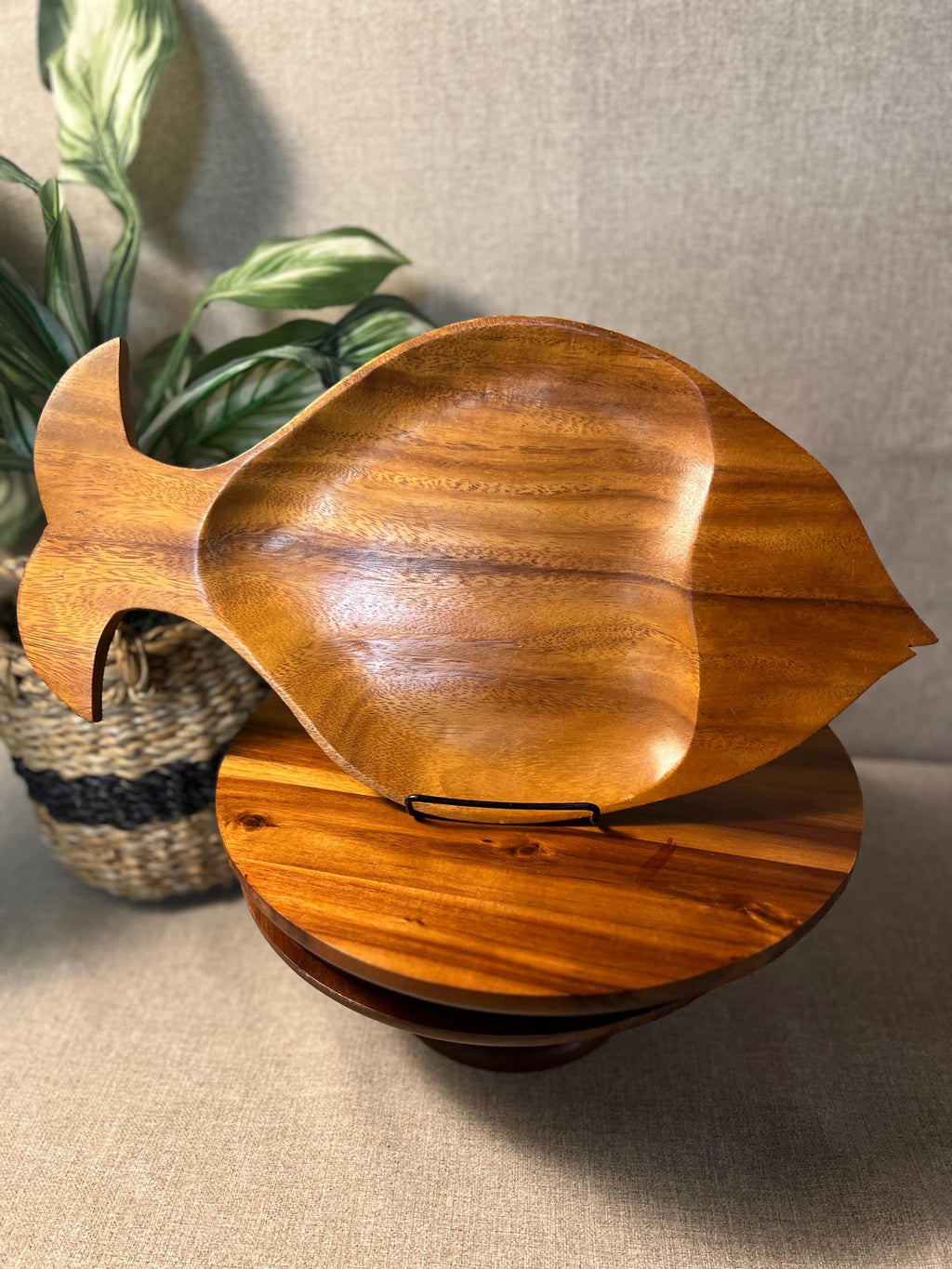 Vintage Fish Shaped Monkey Pod Wooden Serving Tray Platter Mid Century