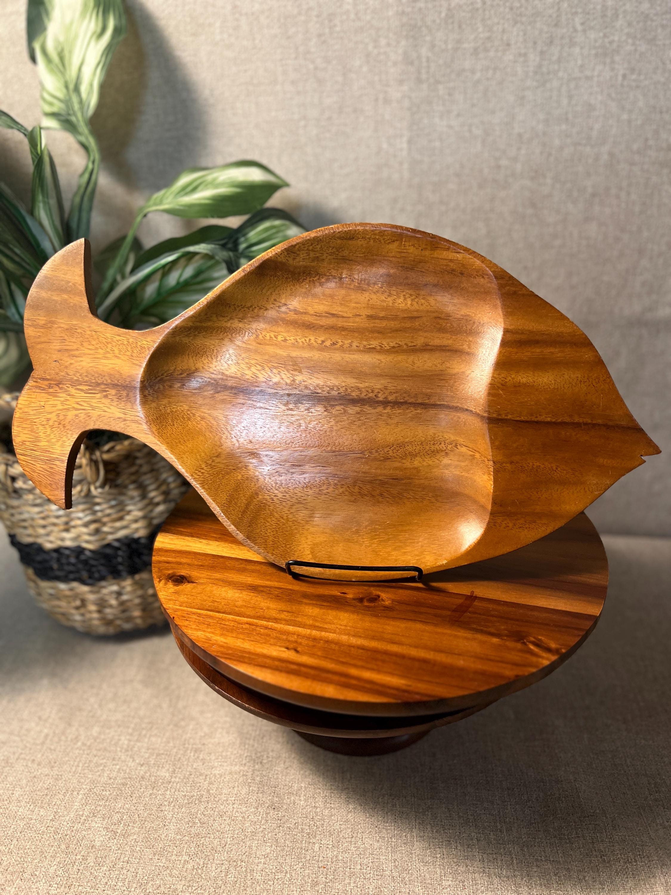 Vintage Fish Shaped Monkey Pod Wooden Serving Tray Platter Mid Century