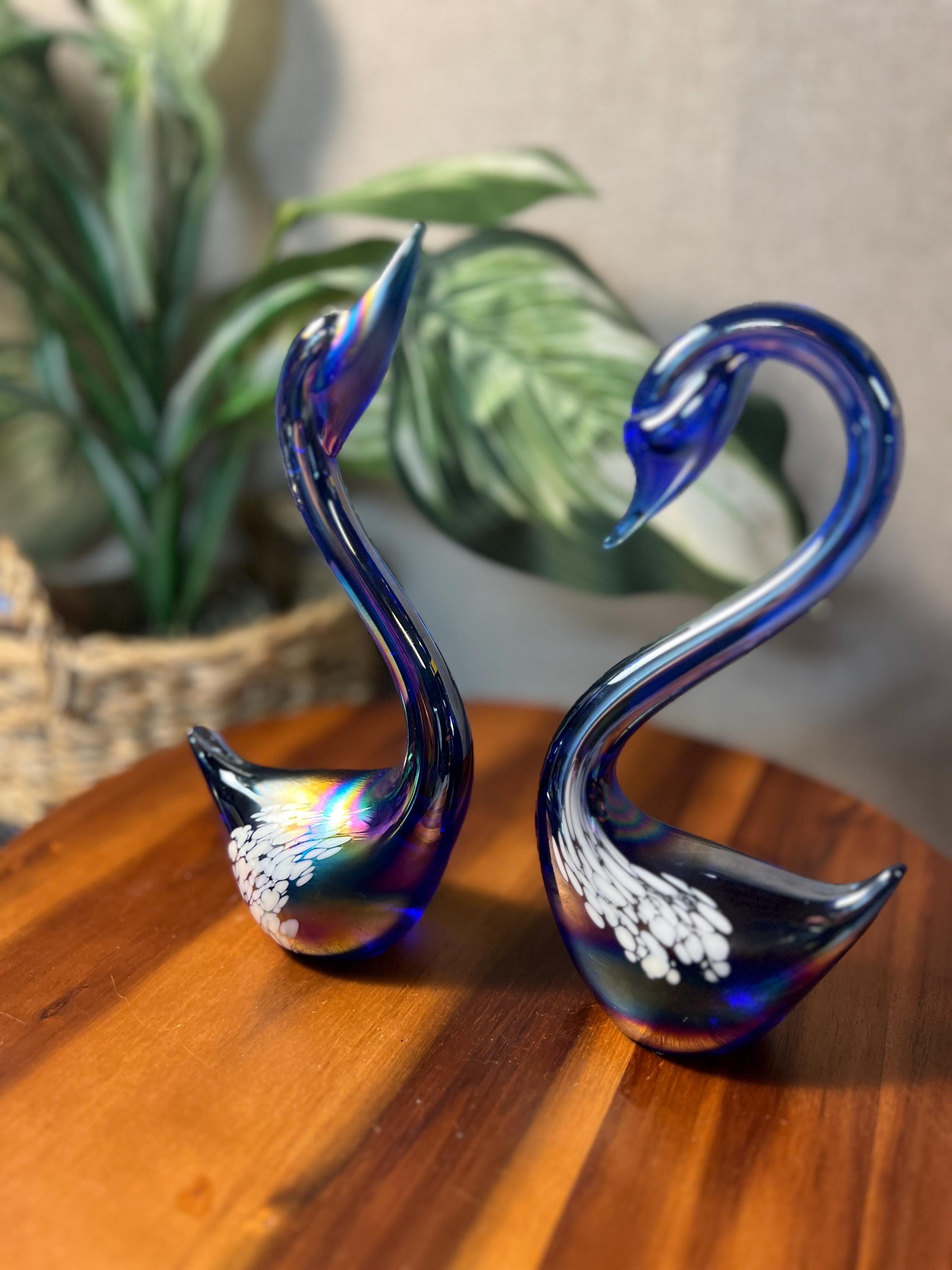 Iridescent Cobalt Blue Art Glass Swans, Pair — 8.25" Tall, White Spot Detail