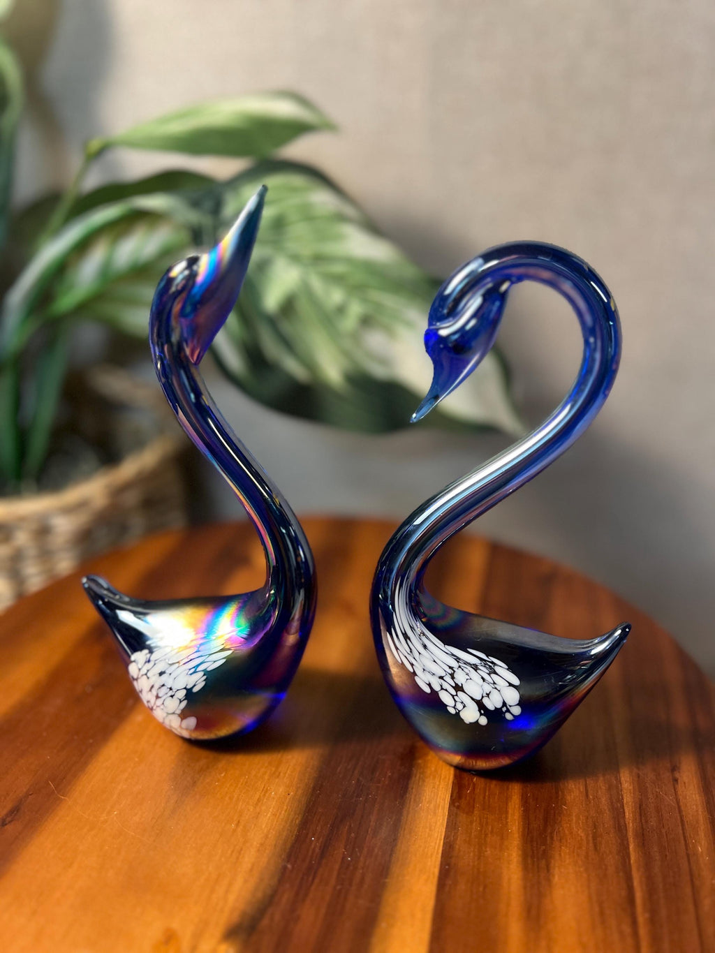 Iridescent Cobalt Blue Art Glass Swans, Pair — 8.25" Tall, White Spot Detail