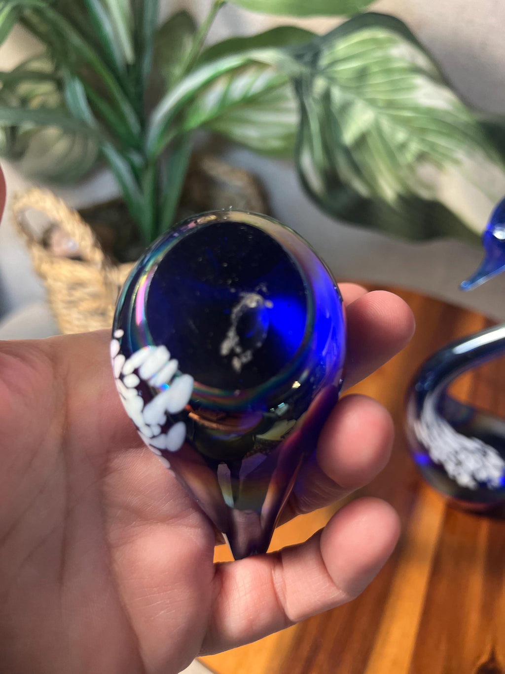 Iridescent Cobalt Blue Art Glass Swans, Pair — 8.25" Tall, White Spot Detail