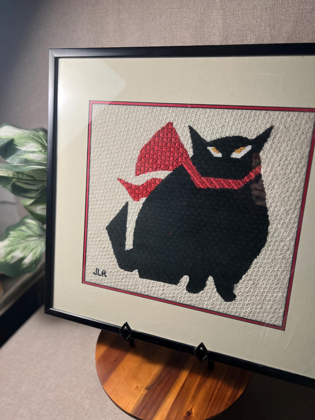 Vintage fun needlepoint Black Cat with Red Scarf professionally framed